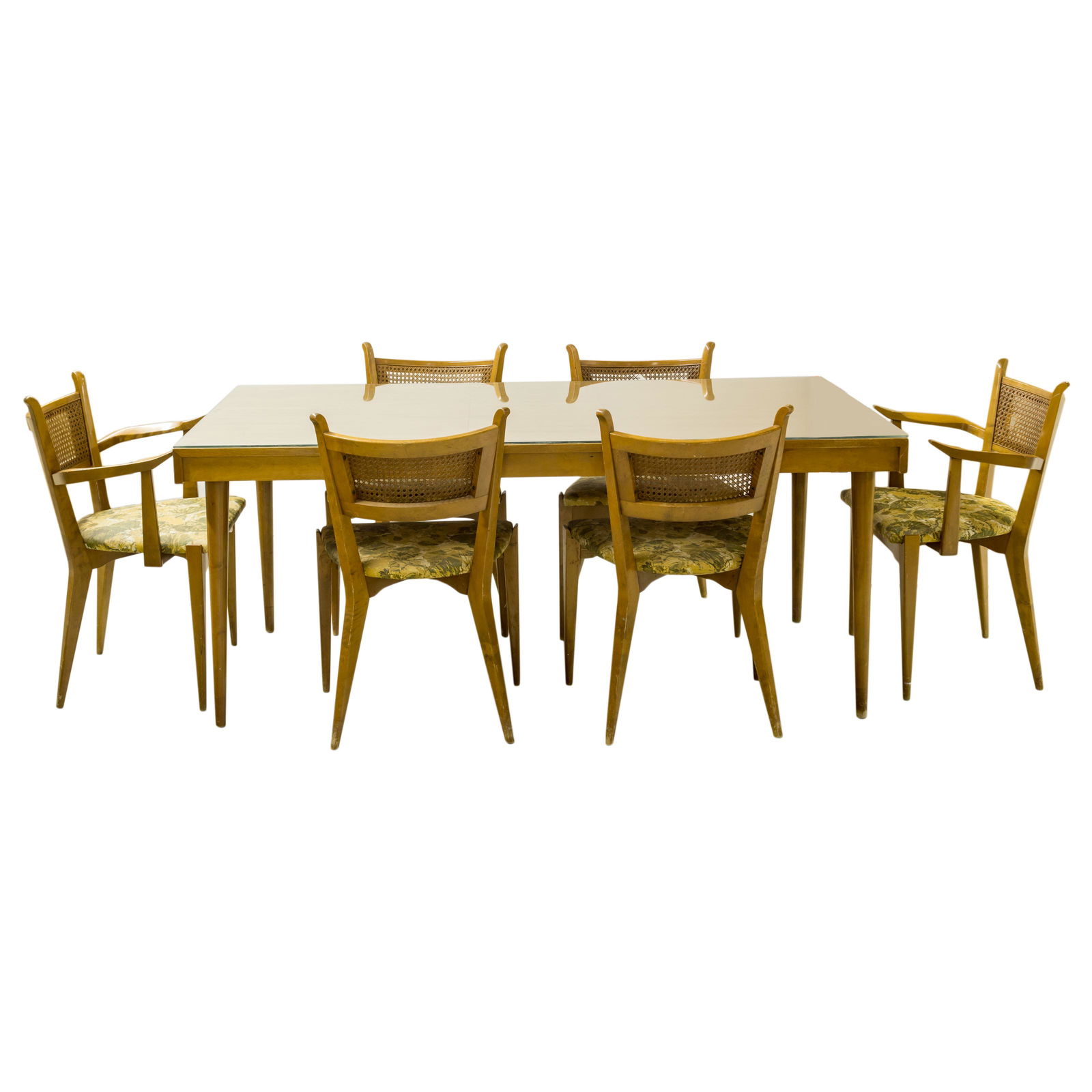 Edmond Spence Mid Century Mod Maple Table 6 Chairs: Vintage Mid Century Mmodern table and six chairs. Includes 4 side chairs and 2 arms chairs with 2 leaves. Blond Maple wood in Danish Modern style. Variously attributed to William Hinn and Jorgen Claus