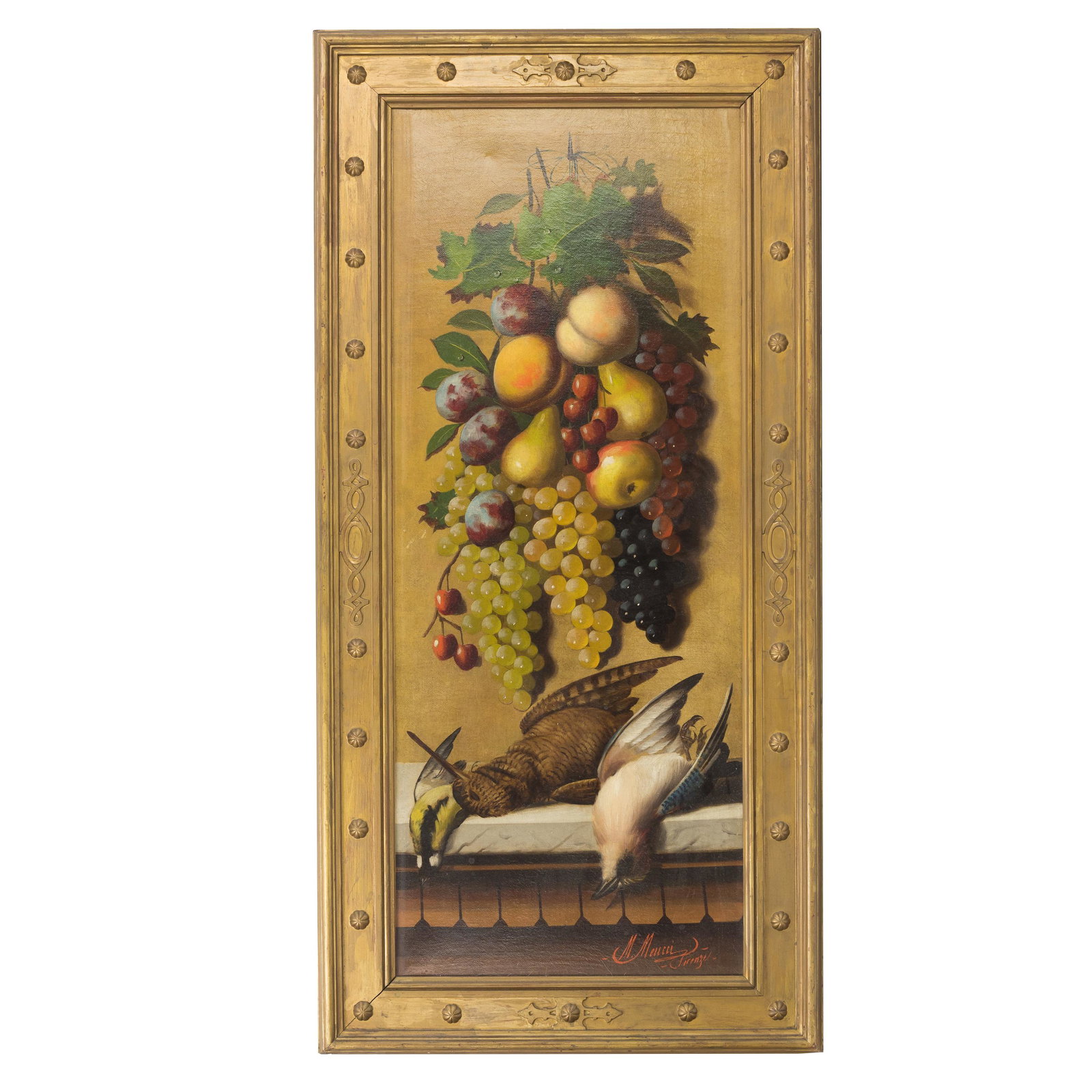 Michelangelo Meucci 1840-1890 Still Life Painting: Michelangelo Meucci (Italian, 1840-1890). Original oil on canvas depicting an interior scene of fruit, with grapes, plums, pears, and peaches, and post mortem game birds. Signed lower right. Artwork 3
