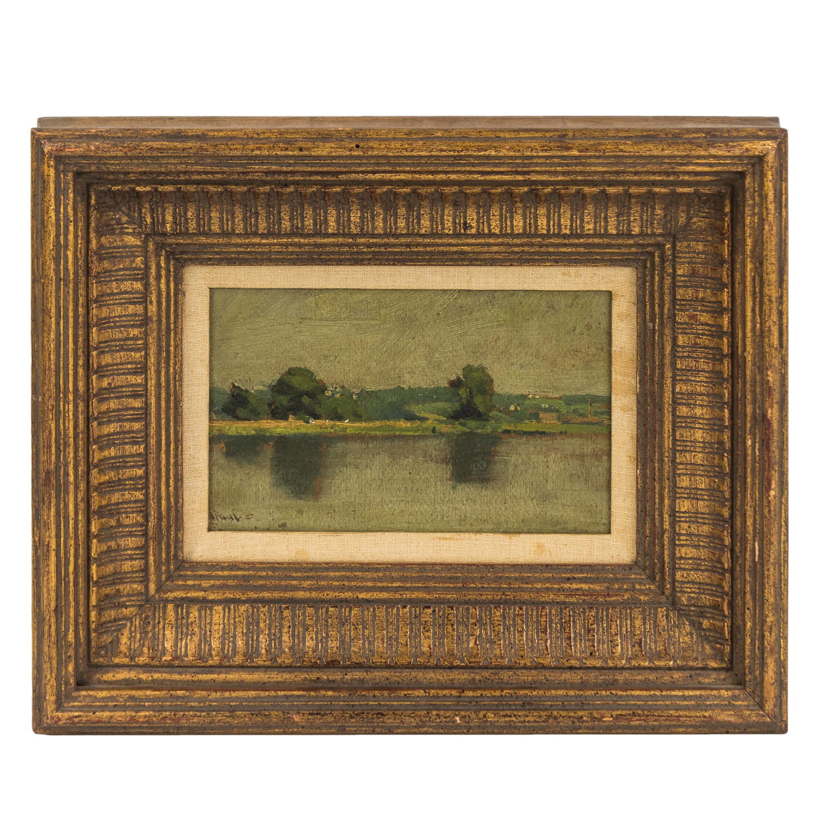 Gilbert Gaul 1855-1919 Impressionist Oil Landscape: Gilbert Gaul (American, 1855-1919). Original 19th Century oil on cardboard painting. An Impressionism scene depicting a rich verdant riverbank landscape on the far side of a rolling river. Signed lowe