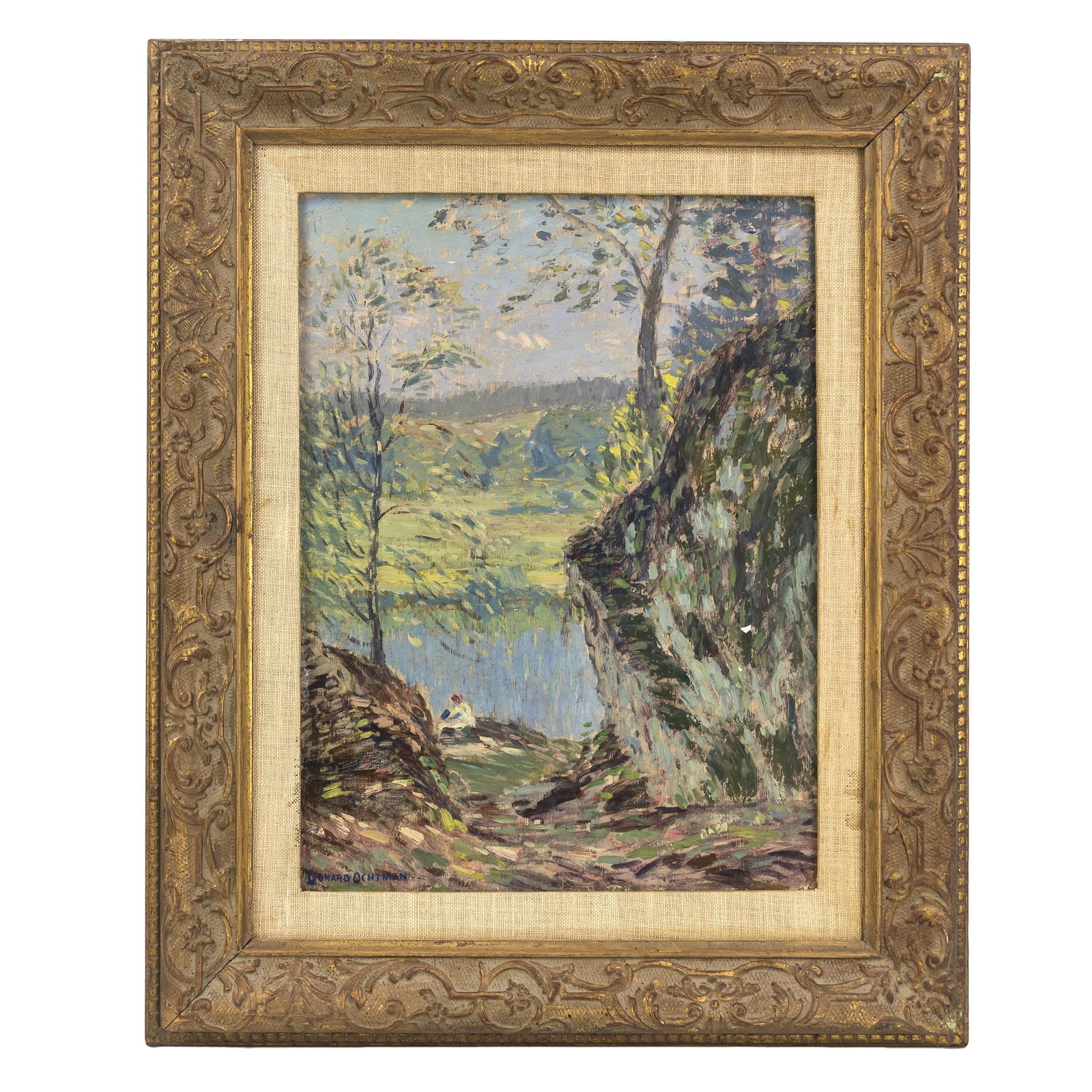 Leonard Ochtman 1854-1934 Impressionist Painting: Leonard Ochtman (American, 1854-1934). An original Impressionist oil painting on canvas depicting a rural country landscape. Signed lower left. Florence Lewison New York Gallery label on verso. Circa 