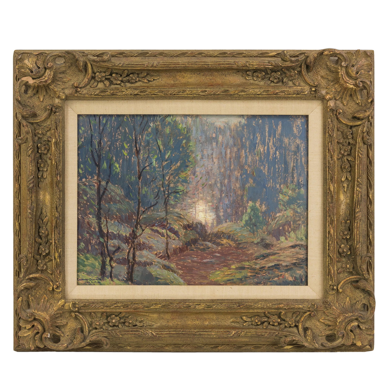 Leonard Ochtman 1854-1934 Impressionist Painting: Leonard Ochtman (American, 1854-1934). An original Impressionist oil painting on wood panel depicting a country forest landscape. Signed lower left. Florence Lewison New York Gallery label on verso. C