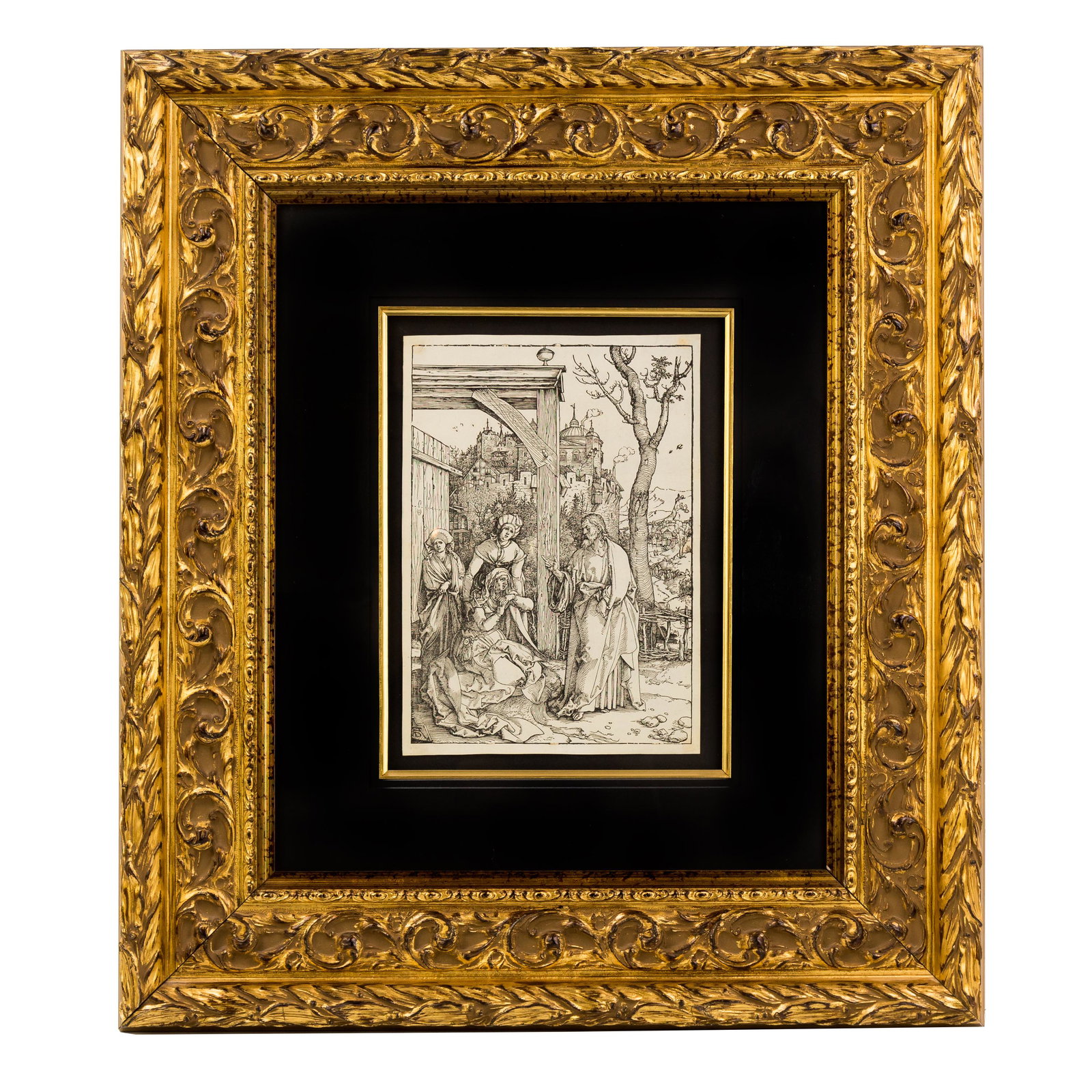 Albrecht Durer (1471-1528) Talking Christ Woodcut: Albrecht Durer, (German,1471-1528). Woodcut print on laid paper with watermark. Signed in block with monogram. Titled "Christ Talking to His Mother" from The Life Of The Virgin," c.1505. Gallery label