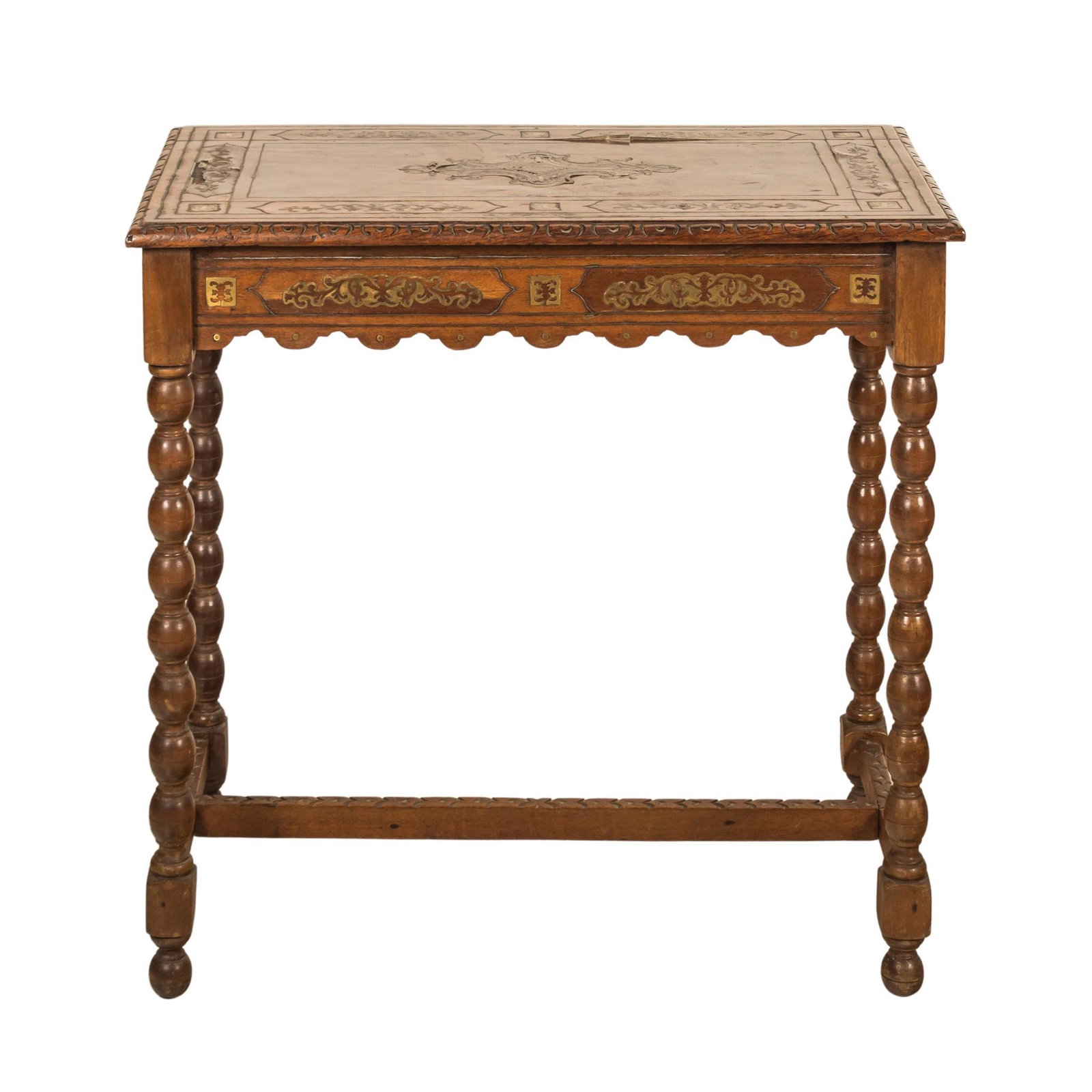 19th Century Boulle Marquetry Side Entry Table: A mid to late 19th Century Latin American Spanish Colonial style hand crafted wooden side or entry table with rectangular top and exquisite Boulle style marquetry in elaborate arabesque designs. Model
