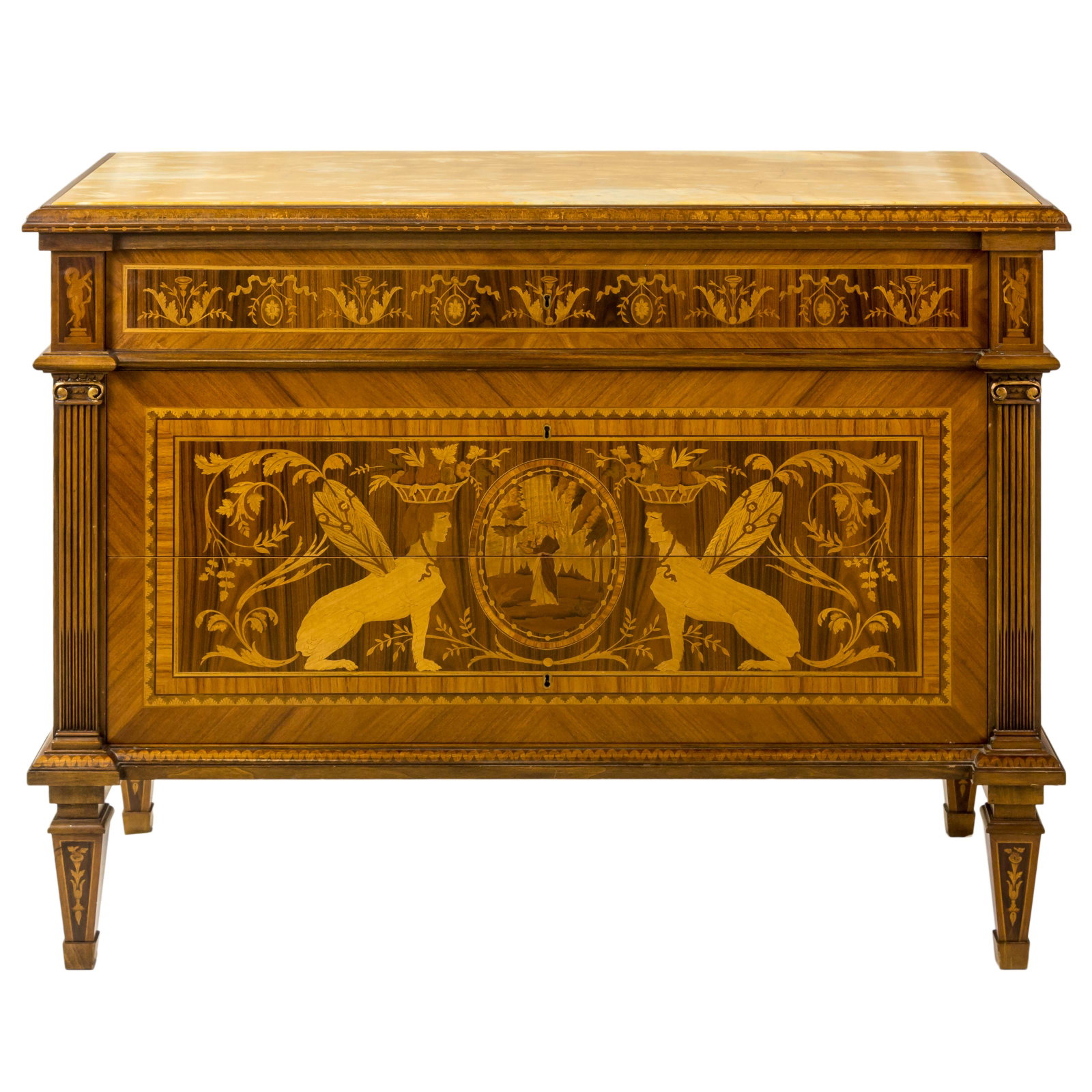 Neoclassical Wood Marble Chest of Drawers Dresser: After Giuseppe Maggiolini (Italian, 1738-1814). An impressive and large three drawer decor dresser with exquisite inlaid marquestry designs in Neoclassical and allegorical motifs including two facing 