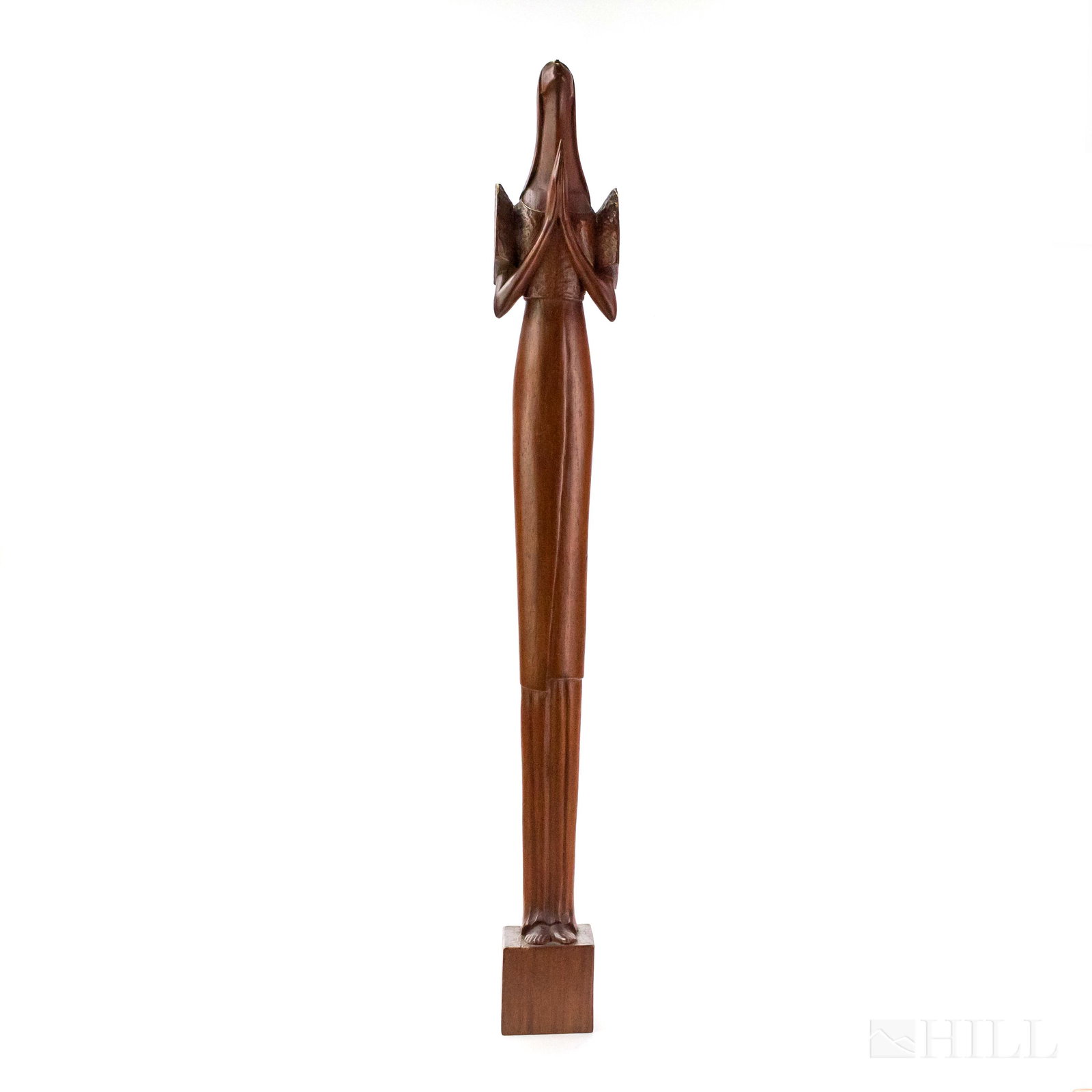 Jose Alcantara 1911-2005 Mary Sculpture 30" Statue: Signed original carved wood sculpture by Jose P Alcantara (1911-2005 Philippines) "Ina ng Lahi" or Mother of Filipinos depicts a praying woman in an elongated mid century modern style. Signed with art