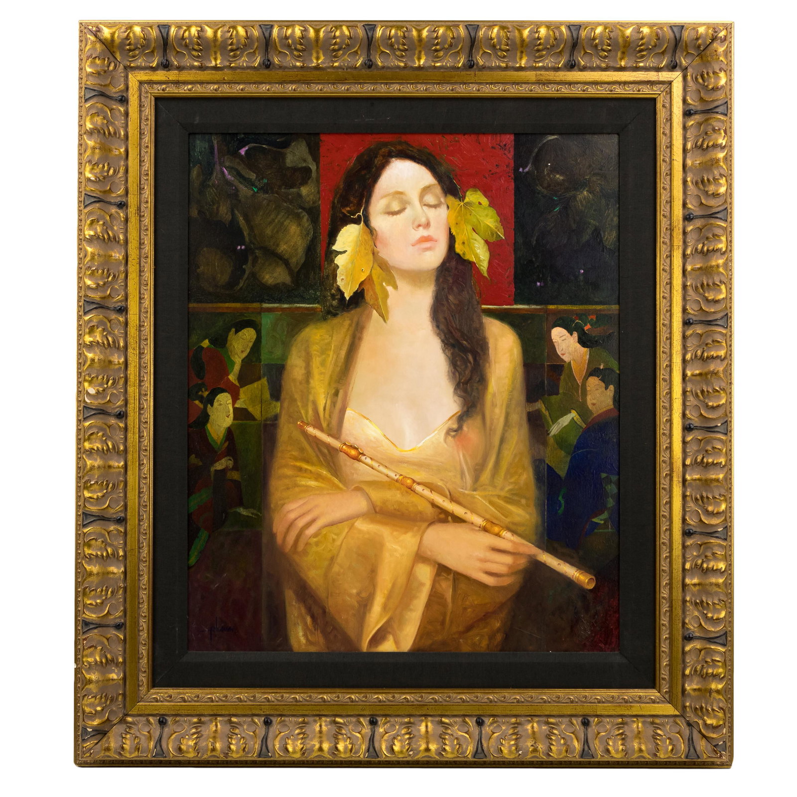 Felix Mas (Spanish, b.1935) "Suenes" Oil Painting: Felix Mas (Spain, b. 1935). Oil on canvas illustration painting of woman with leaves and flute. Titled "Suenos II." Artist signature lower left. Signed and dated on verso. Includes an appraisal from o