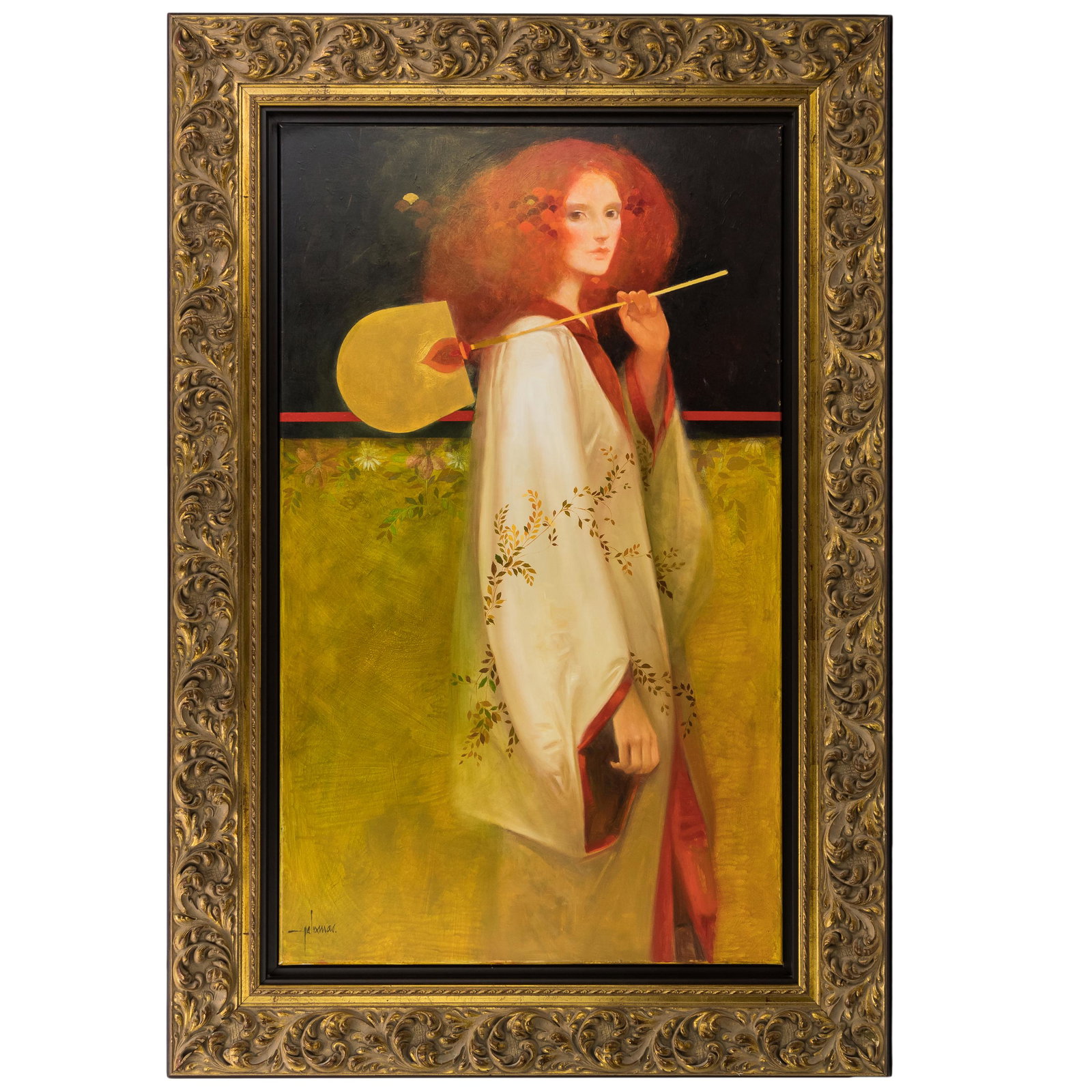 Felix Mas (Spanish, b.1935) "Rojos" Oil Painting: Felix Mas (Spain, b. 1935). Oil on canvas illustrator painting of woman with red hair and fan. Titled "Rojos." Artist signature lower left. Signed and dated on verso. Includes an appraisal from origin