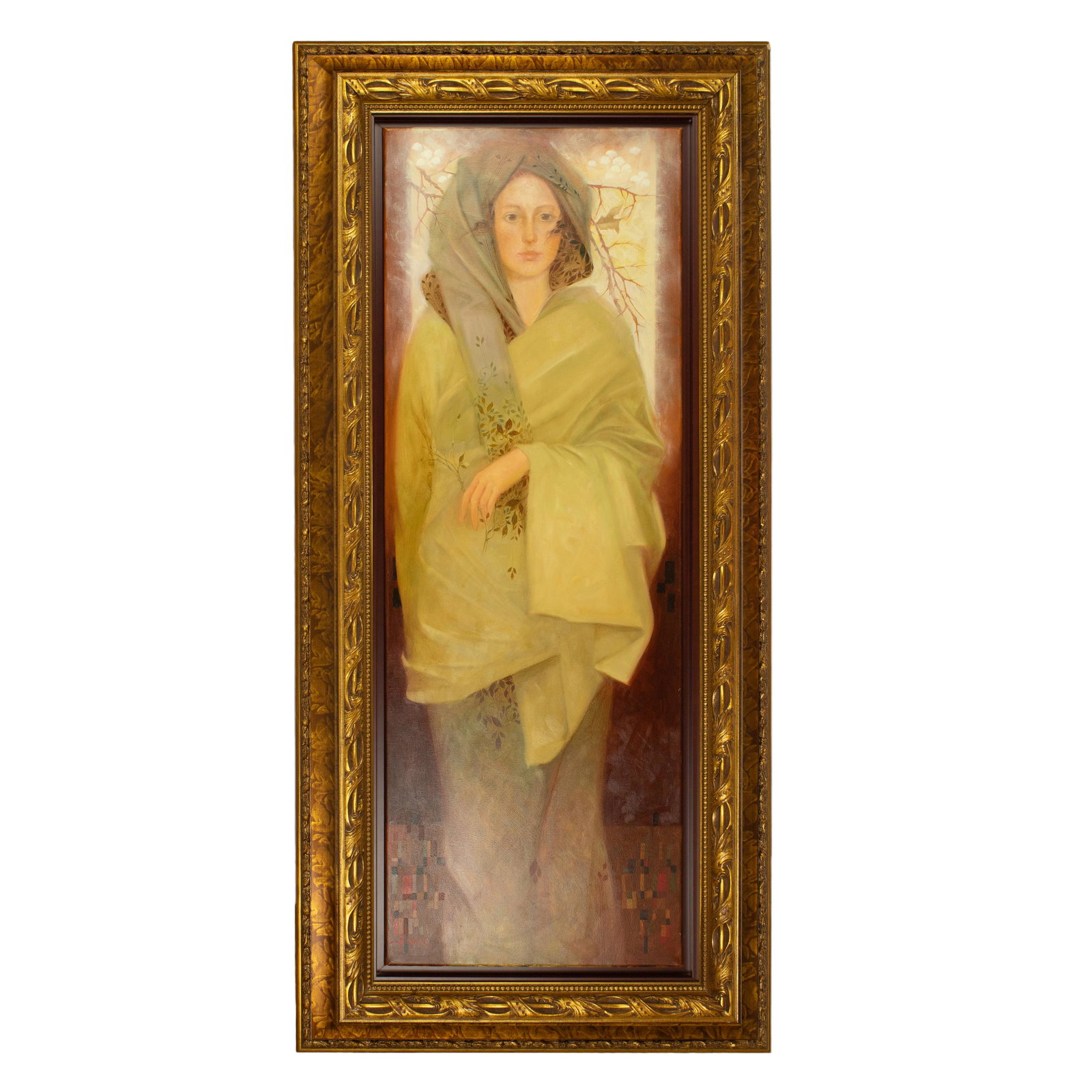 Felix Mas (Spanish, b.1935) "Winter" Oil Painting: Felix Mas (Spain, b. 1935). Oil on canvas illustrator painting of a woman wrapped in a light green coat. Titled "Winter." Artist signature lower left. Artist stamp on verso. Includes an appraisal from