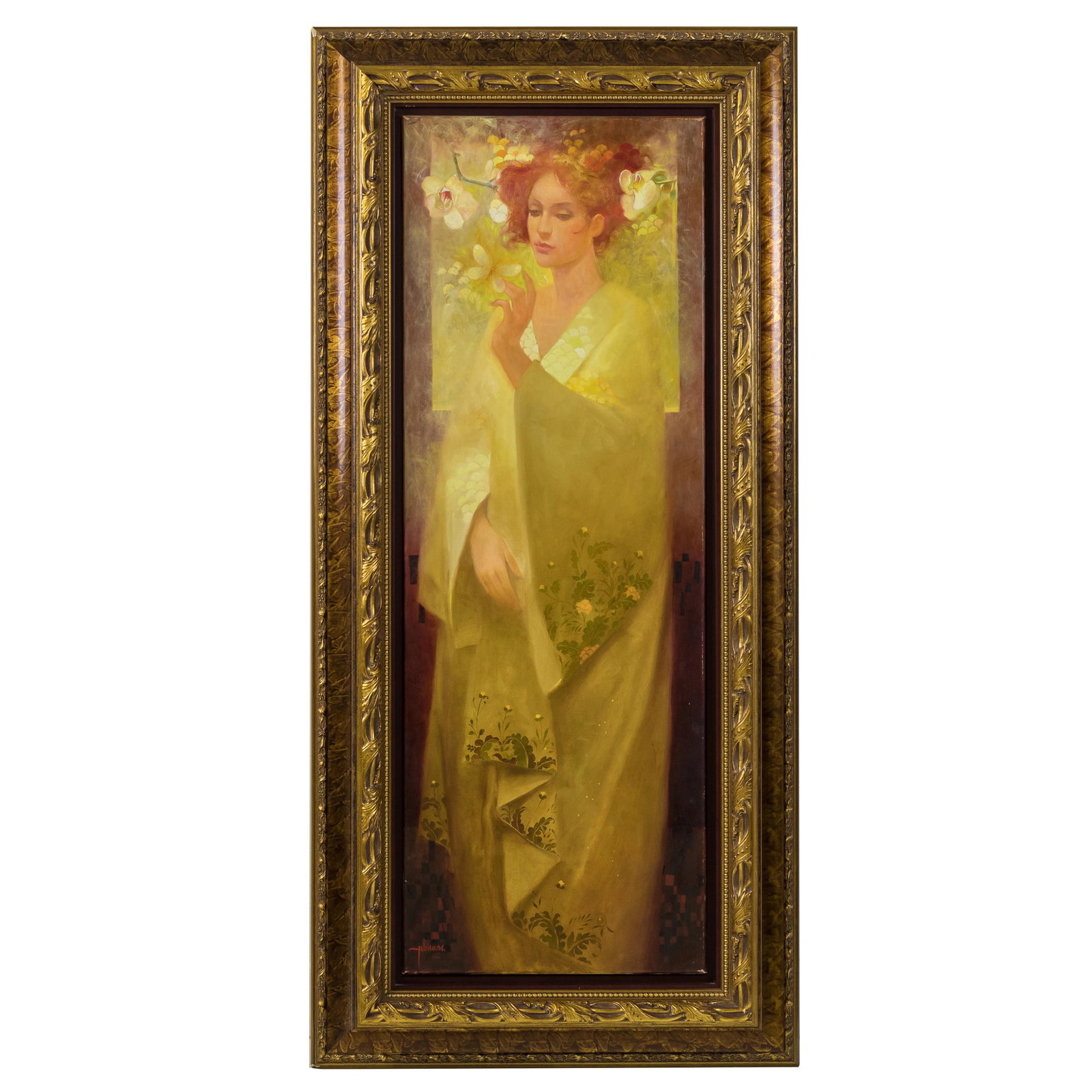 Felix Mas (Spanish, b.1935) "Spring" Oil Painting: Felix Mas (Spain,b. 1935). Oil on canvas illustrator painting of woman in yellow with flowers. Titled "Spring." Artist signature lower left. Artist stamp on verso. Includes an appraisal from original 