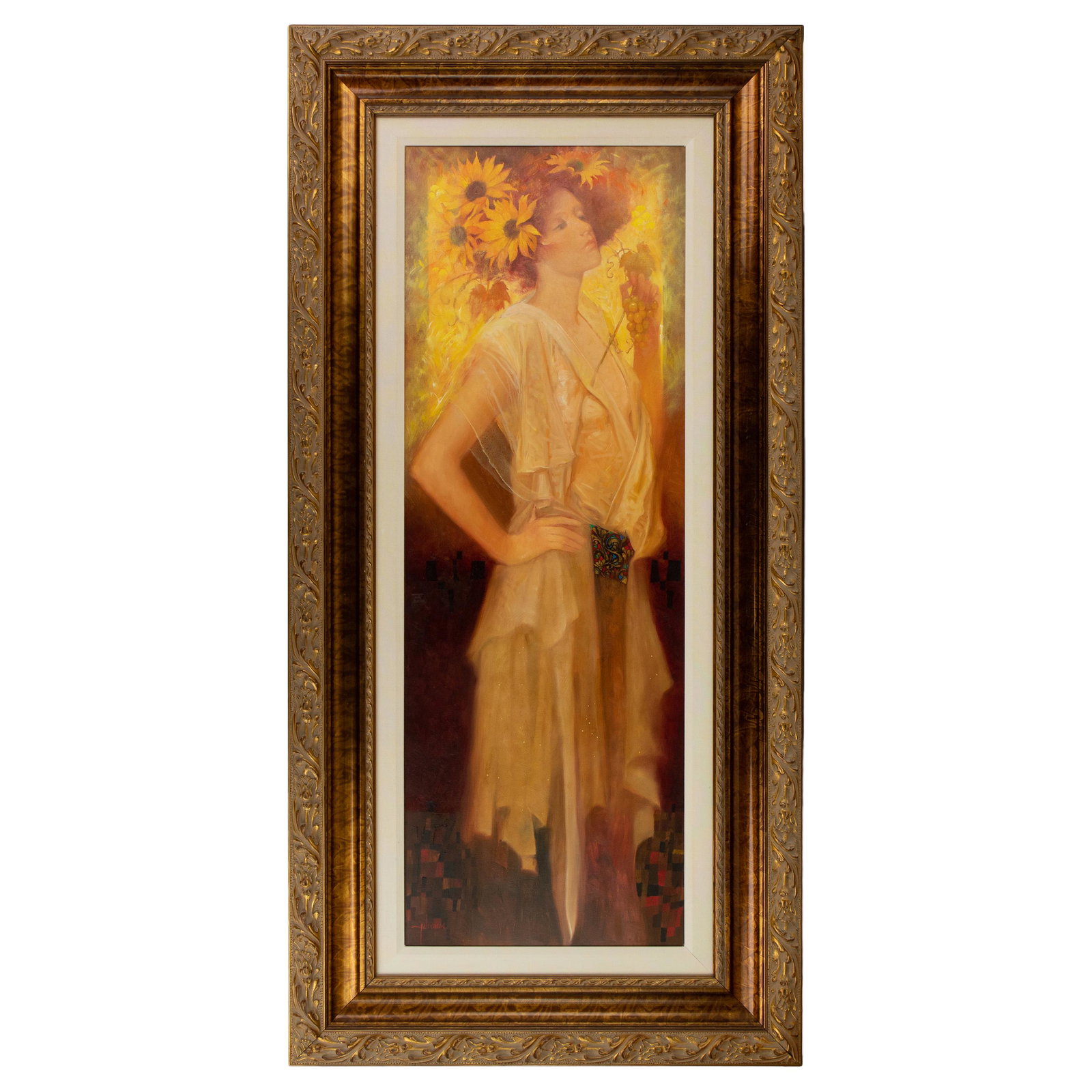 Felix Mas (Spanish, b.1935) "Summer" Oil Painting: Felix Mas (Spain, b. 1935). Oil on canvas illustrator painting of woman decorated in bright summer yellows and orange with sunflowers. Titled "Summer." Artist signature lower left. Original gallery la