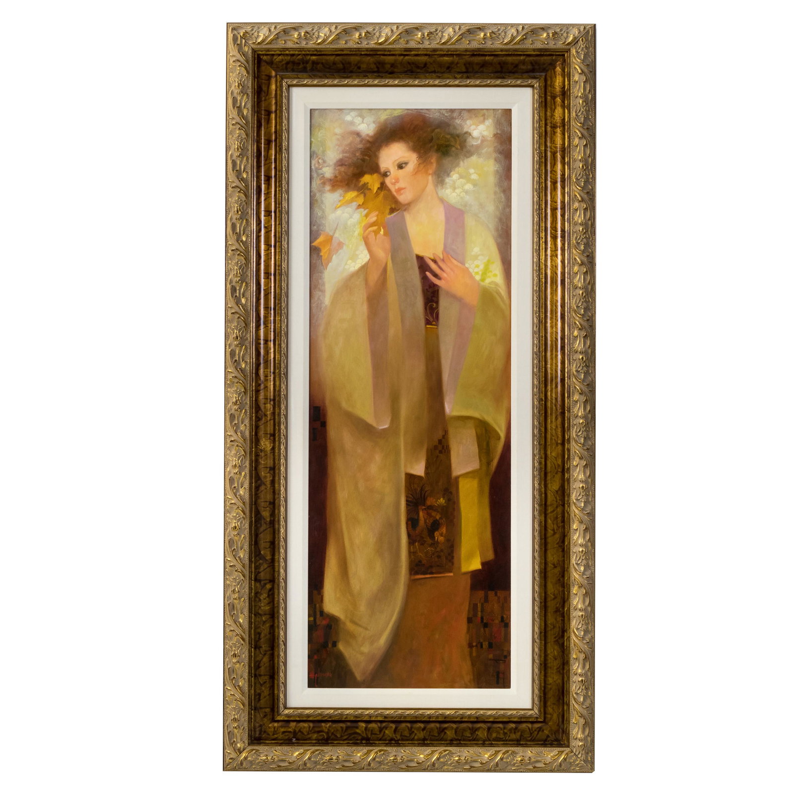 Felix Mas (Spanish, b.1935) "Autumn" Oil Painting: Felix Mas (Spain, b.1935). Oil on canvas illustrator painting of a beautiful woman in light yellow with fall leaves. Titled "Autumn." Artist signature lower left. Original gallery label on verso. Incl