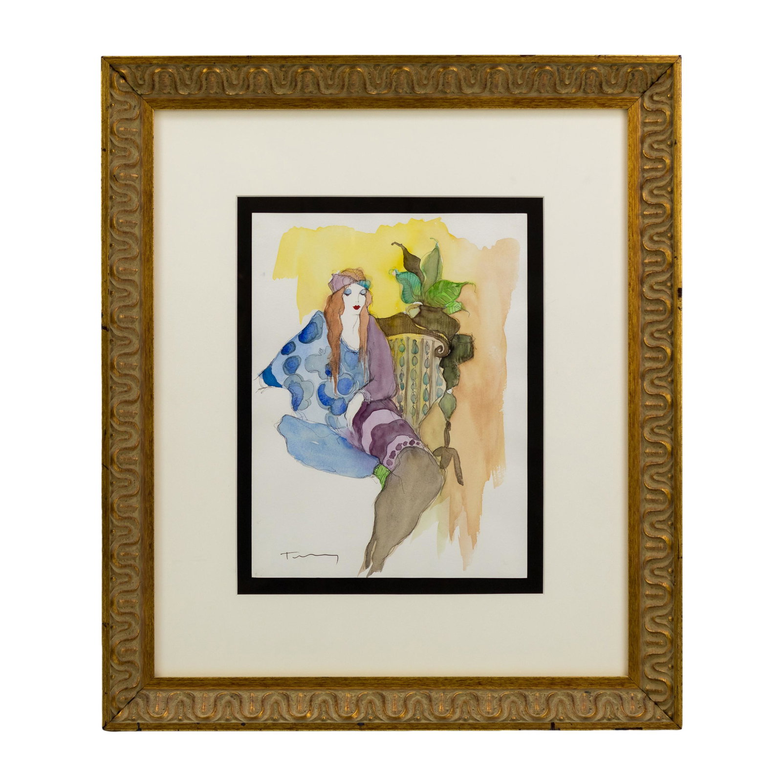 Itzchak Tarkay (1935-2012) Watercolor Painting: Itzchak Tarkay (Israeli,1935-2012). Watercolor and ink on woven paper. Signed in lower left. Titled "Patterns." A colorful depiction of a seated woman with flora. Includes COA. Measures 12 in. x 9 in.