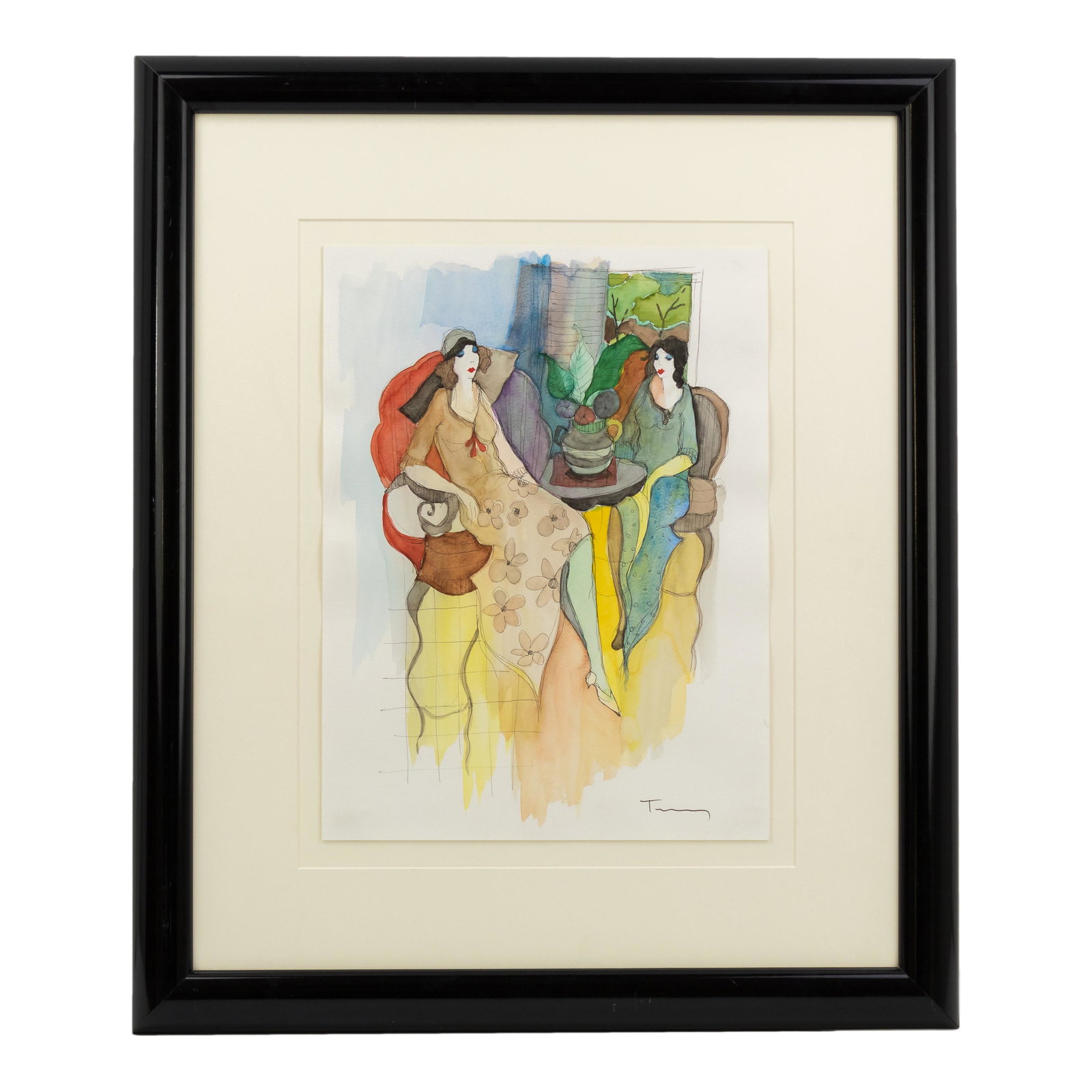 Itzchak Tarkay (1935-2012) Watercolor Painting: Itzchak Tarkay (Israeli,1935-2012). Watercolor and ink on woven paper. Signed in lower right. Titled "Quiet Summer Day." A colorful depiction of two seated women wearing summer hats. Includes COA. Mea
