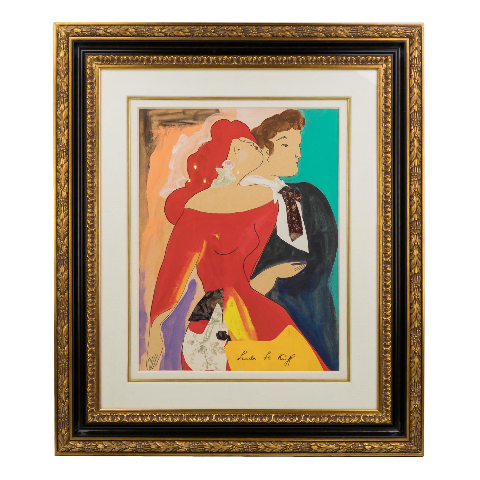 Linda Le Kinff (b. 1949) SIGNED Painting On Board: Linda Le Kinff (French, b. 1949). Original mixed media painting with collage on paper board. Titled "Bonnie & Blade," depicting a colorfully attired man and woman, dancing. Signature in lower right. A