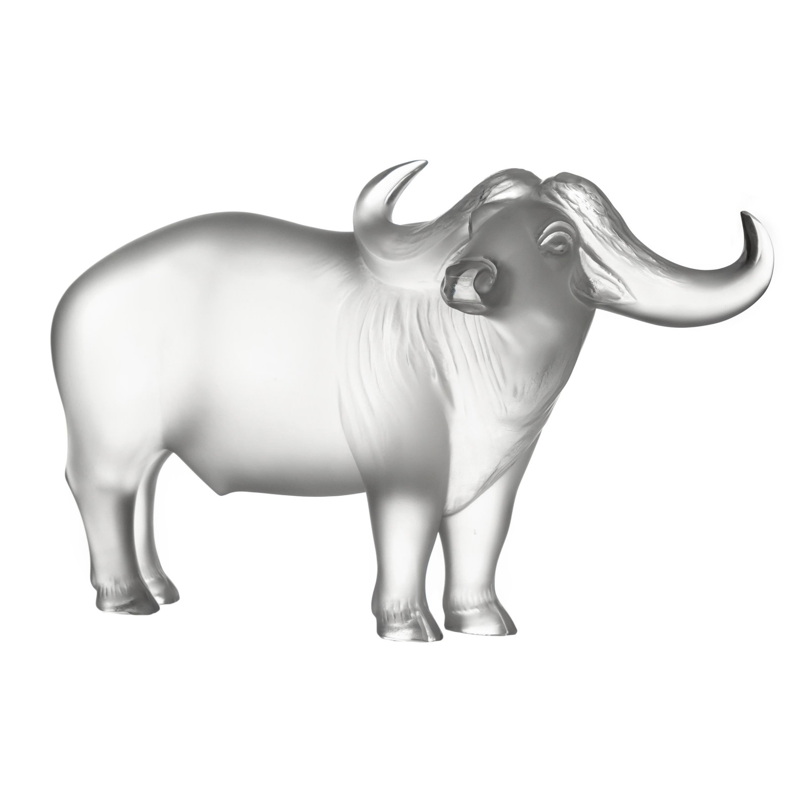 Lalique French Art Glass Nam Water Buffalo Statue: Lalique (France). Crafted of fine quality French art glass crystal. A majestic Water Buffalo sculpture designed by Marie Claude Lalique (1935-2003). Finished in frosted and polished glass. Signed Lali