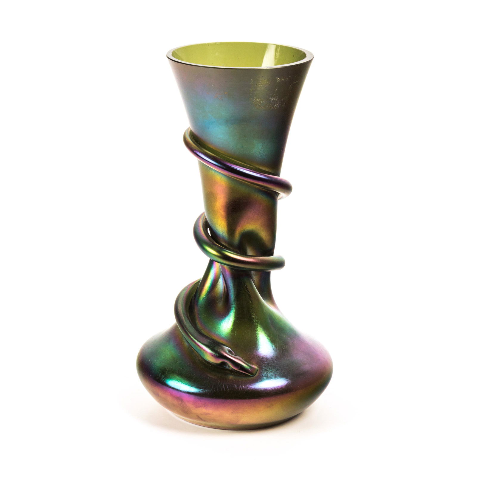 Loetz Austrian Green Spiral Snake Wrap Glass Vase: Loetz Austrian art glass vase. Features a pinched conical form with snake wrapped around the body. Unsigned. Measures 10 3/4 in. x 6 in. Good overall condition with minor wear to base and chip to rim.