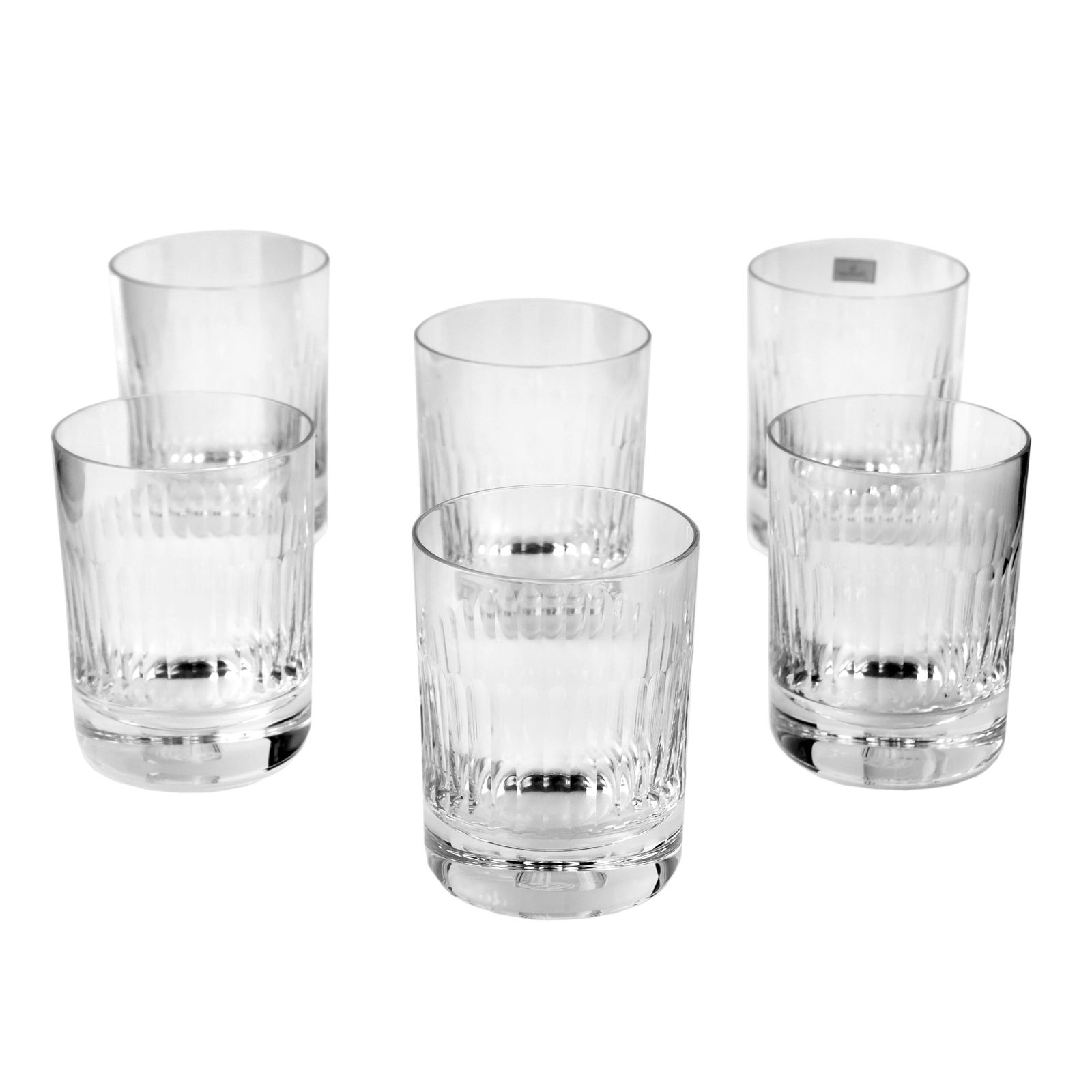 Set of 6 Baccarat Crystal Nancy Cut Glasses w/ BOX: A group of six Baccarat rare and discontinued crystal glasses in the Nancy Cut pattern, TRIPLE old fashioned whiskey tumbler glasses. Measures 4 1/4 in. x 3 1/8 in. Good condition, new in box. Hill Au
