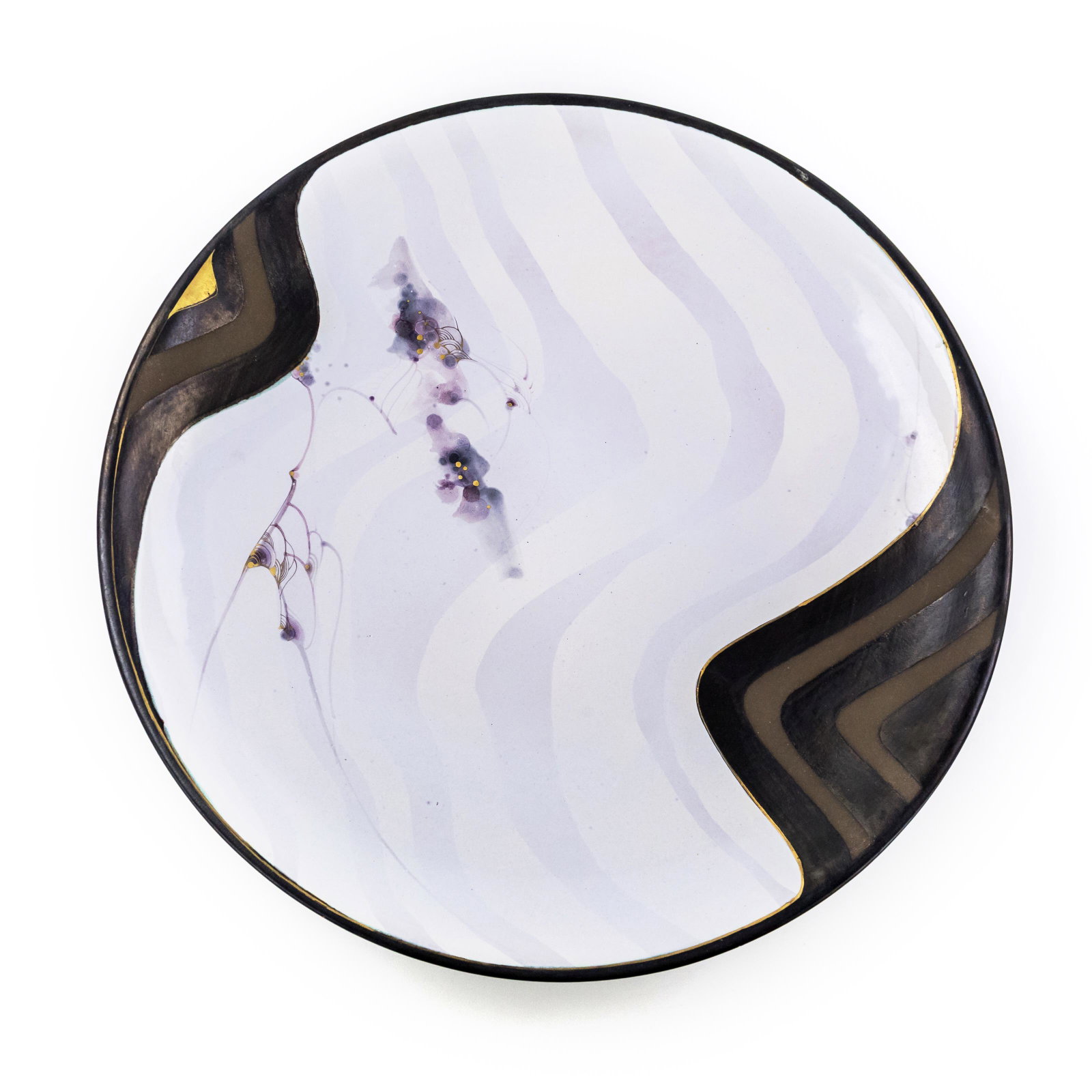 Signed Studio Art Pottery 12" Footed Raku Charger: Hand crafted vintage studio art pottery footed large plate or charger. Abstract design with purple clouds and stripes accented with gold highlights. Black stripes and rim with raku fired sheen. Bears 