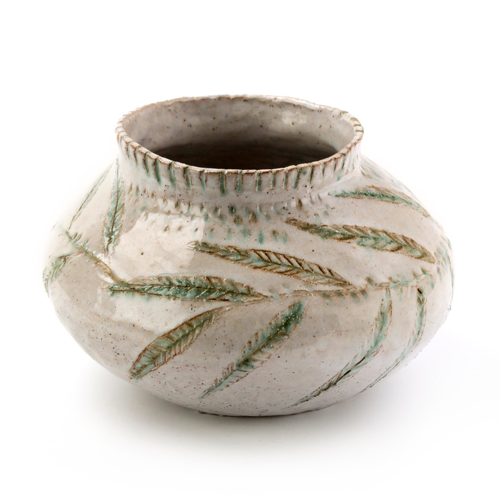 Ted Randall (1914-1985) Art Pottery Leaf Vase: Ted Randall (American, 1914-1985). Signed art pottery ceramic vase featuring a gray base with green and brown stemmed leaves design. Underside signed and dated 10/26/73. Measures 6 in. x 9 1/2 in. Goo