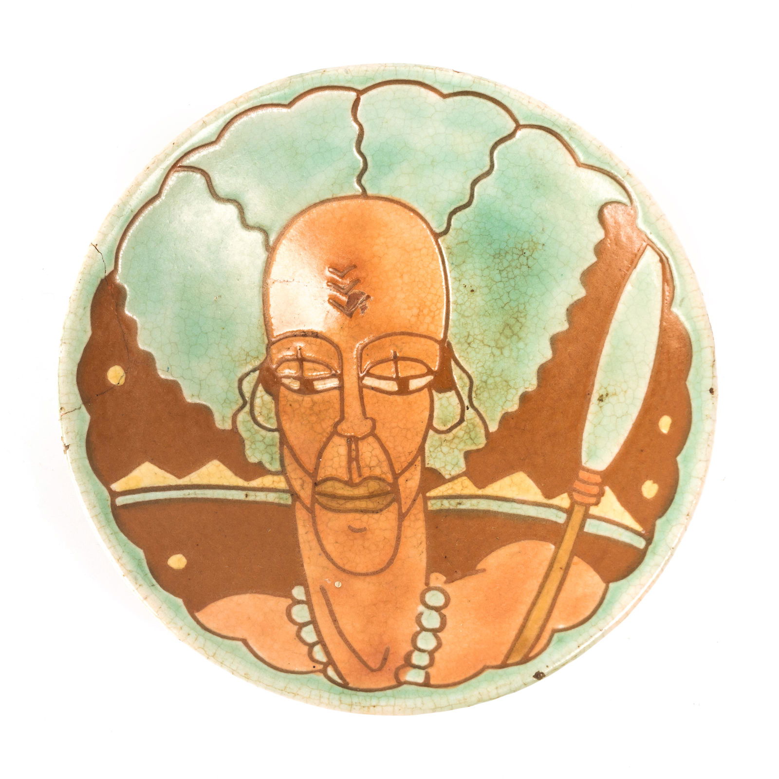 Rare Karl Martz 1938 Studio Art Pottery Face Bowl: Karl Martz (American, 1912-1997). Art Deco studio art pottery featuring a figure with a spear in the bowl and a band on the exterior. Fair condition with losses and fractures. Marked Karl Martz Studio