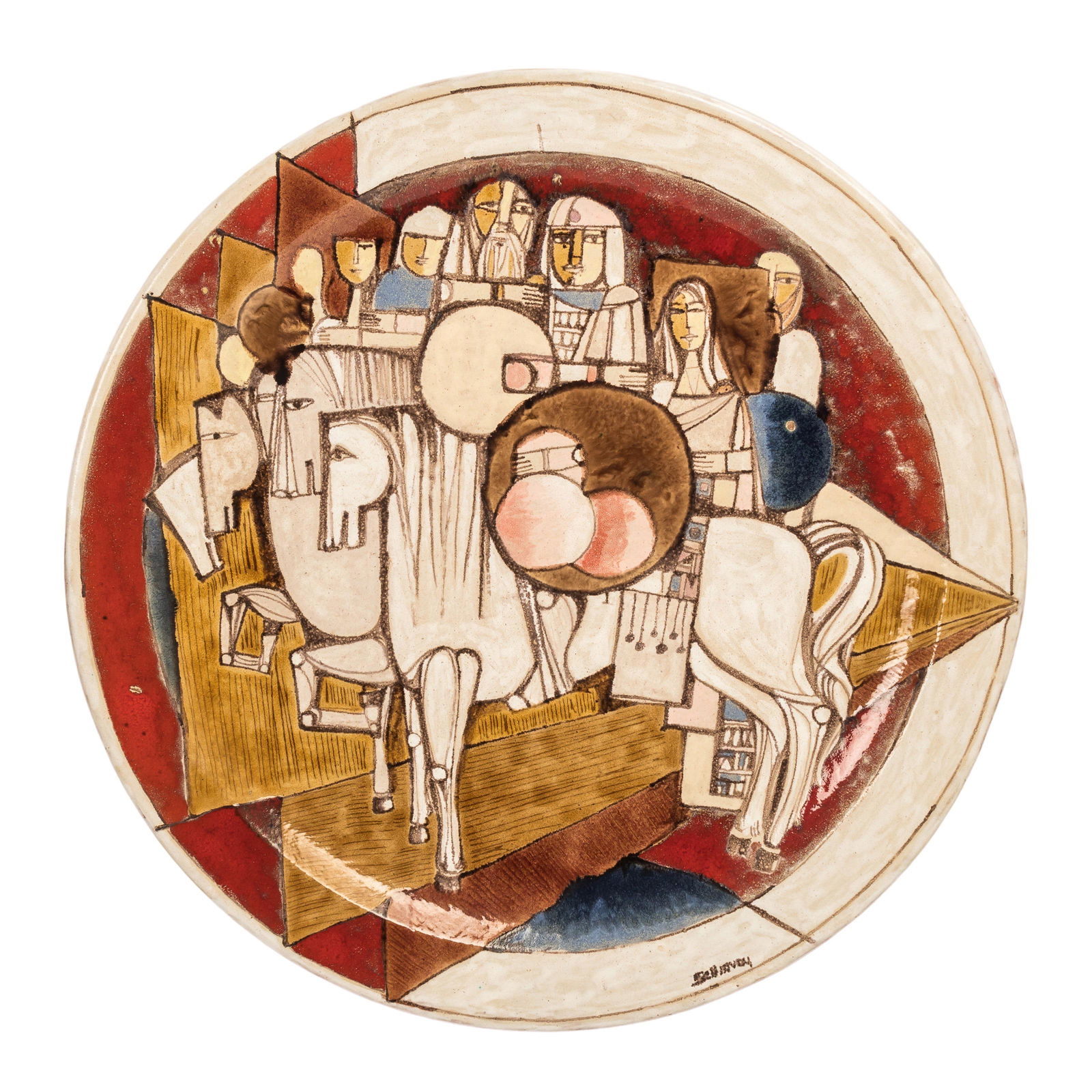 Elio Schiavon 1925-2004 Italian Art Pottery Plate: Elio Schiavon (Italy, 1925-2004). Large studio art pottery charger plate, "Cavalieri," depicting mounted soldiers in the Italian contemporary Modernist style. Artist signature lower right. Galleria Ga