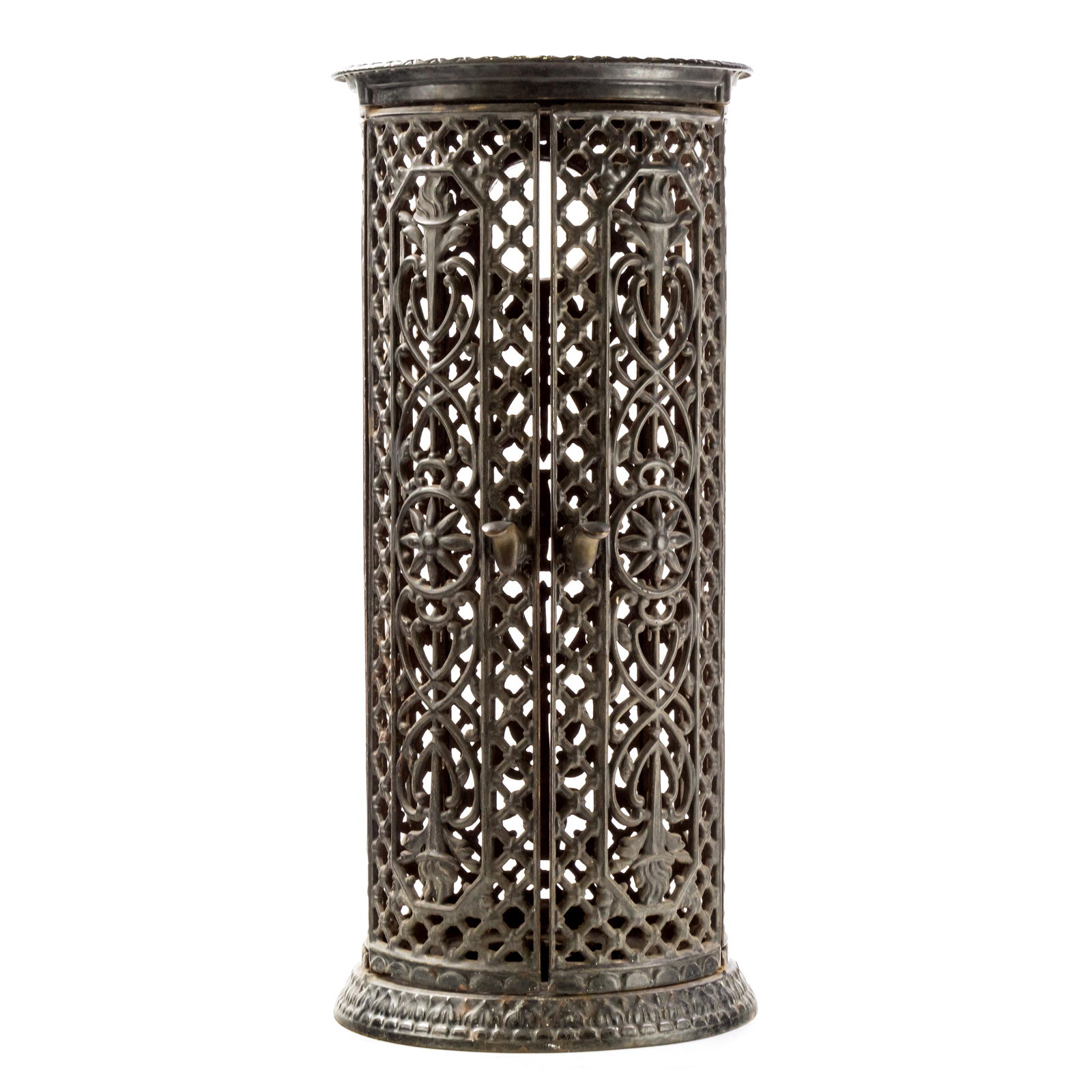 Victorian 26" Iron Pierced Standing Space Heater: An ornate cast iron space heater in pierced design with flora, hearts, torches and flames. Heater has two lift latched doors that swing open, and single cylinder hole in rear. Beautiful craftsmanship.