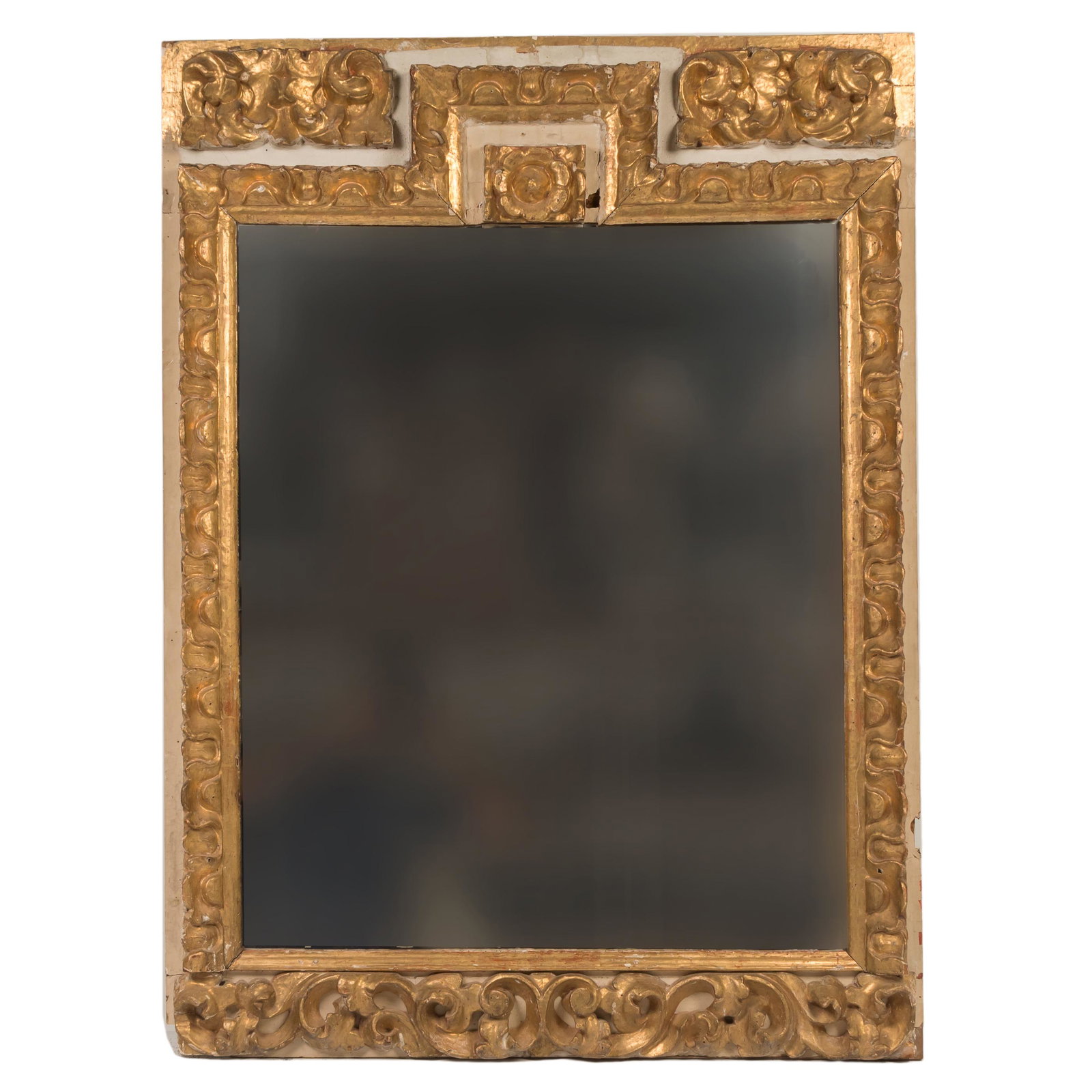 Ornate Rococo Style Gilt Wood & Gesso 44" Mirror: A large vintage rectangular giltwood and gesso mirror, produced in an Italian Rococo style. Poor condition with glass silver loss spotting, and previous insect damage. Measures 31 3/4 in. x 26 1/4 in.