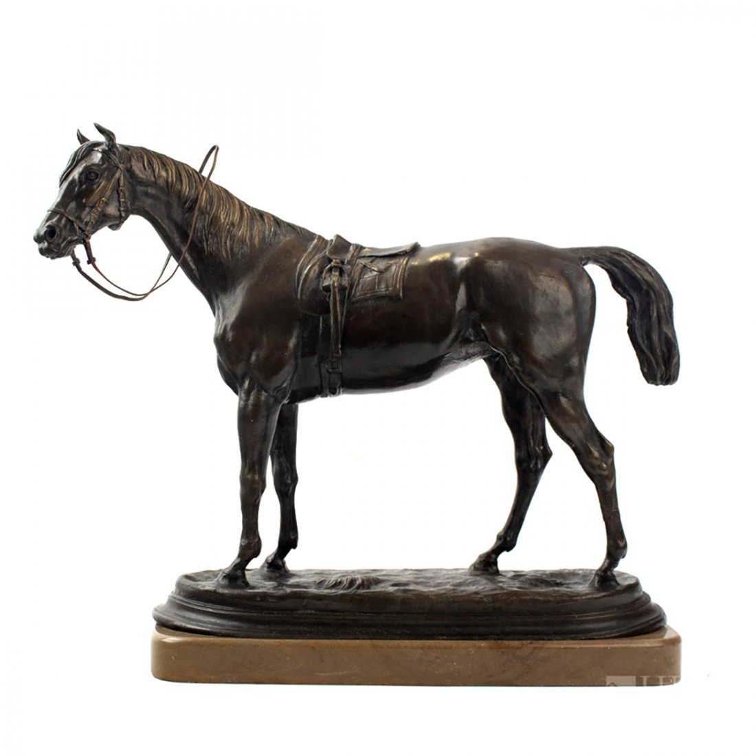 French Bronze Horse Sculpture after Jules Moigniez: After Jules Moigniez (French,1835-1894). Bronze equine statue, a stunning female horse with English tack. Titled "Mare with Saddle." Figure is affixed to tan tone base, which bears signature. Measures