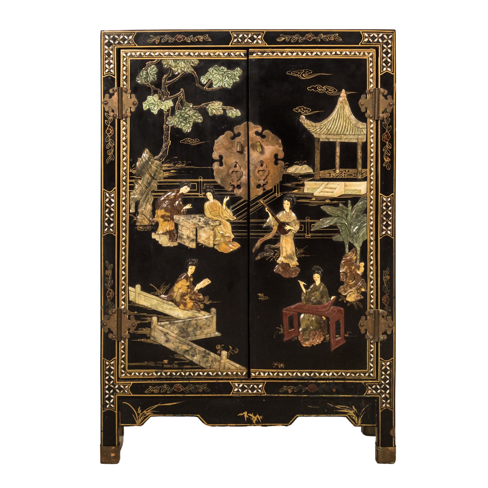 Chinese 34" Black Lacquered Chinoiserie Cabinet: Early to mid 20th Century Chinese black lacquered cabinet with inlaid mother of pearl and semi-precious stone design. Measures 34 in. x 25 1/4 in. x 12 1/4 in. Good condition, showing mild age and sur
