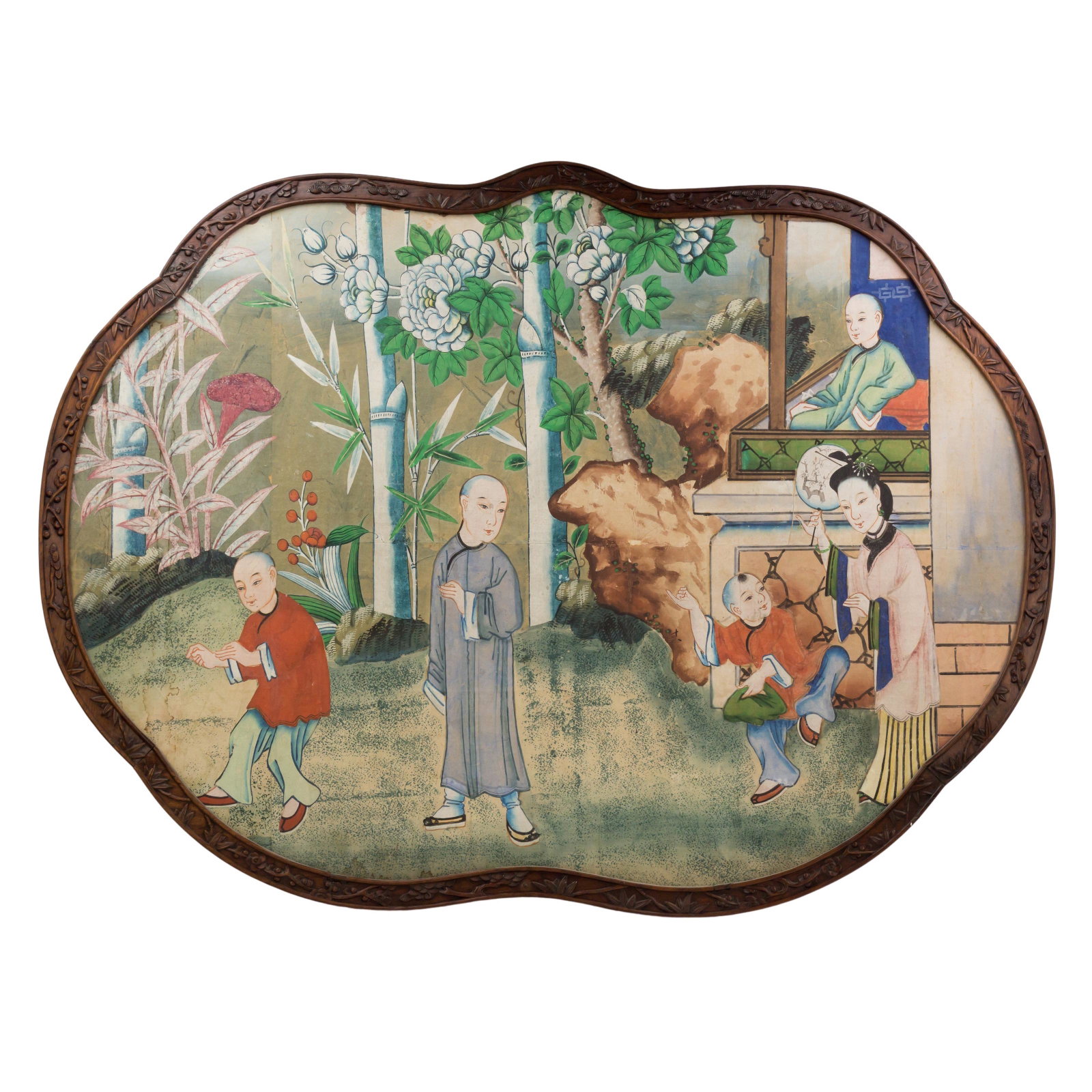 VTG Chinese 36" Wall Hanging Screen Window Panel: A large and exceptional hand decorated painting on wooden board depicting a warmhearted scene of children at play and dancing, to the amusement of their parents and one sibling who watches from the pa
