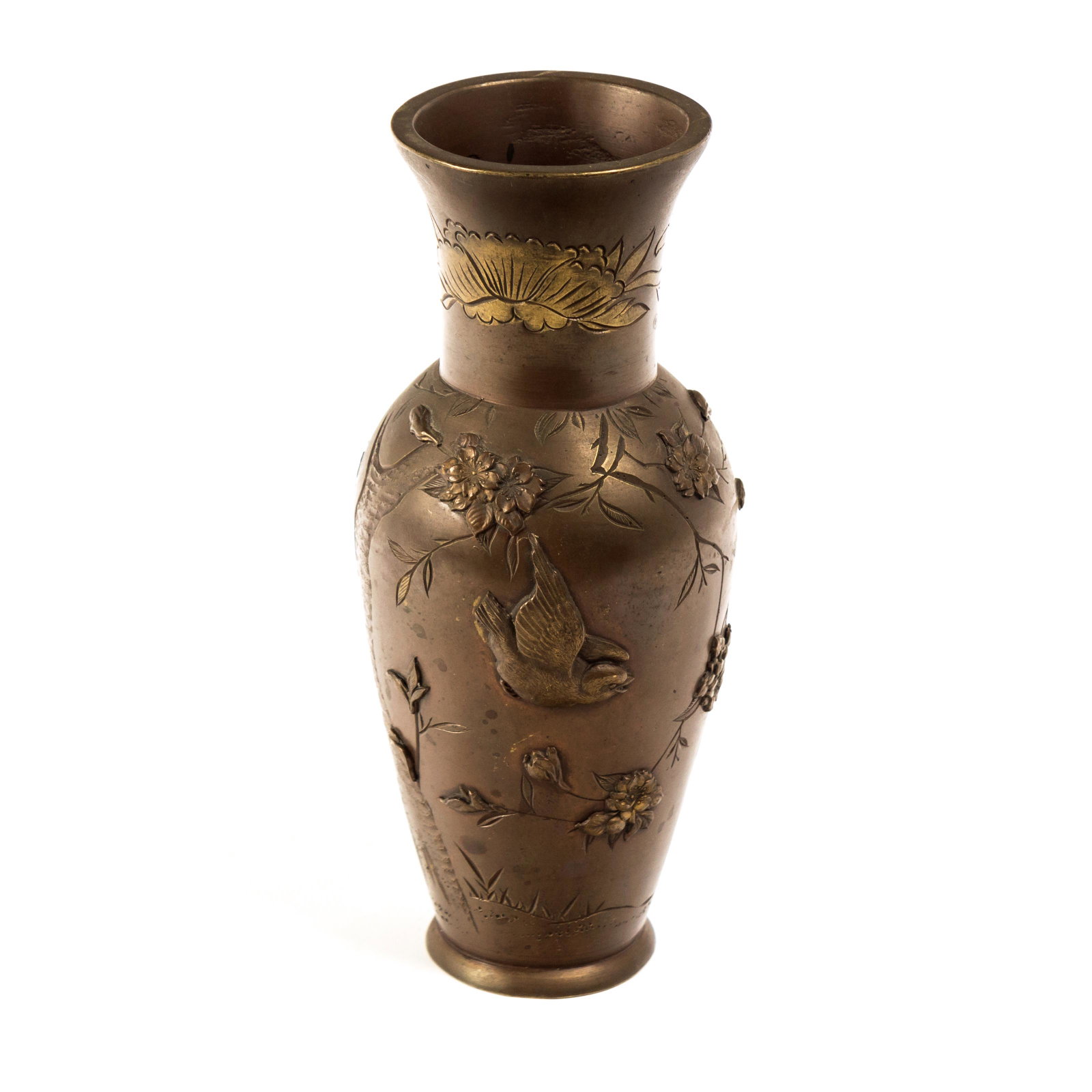 Japanese Meiji Period 6" Bronze Floral Bird Vase: Late 19th Century Japanese bronze vase featuring intricate raised decoration of birds and flora. Measures 6 in. Good overall condition with minor wear. Hill Auction Gallery in house continental USA sh