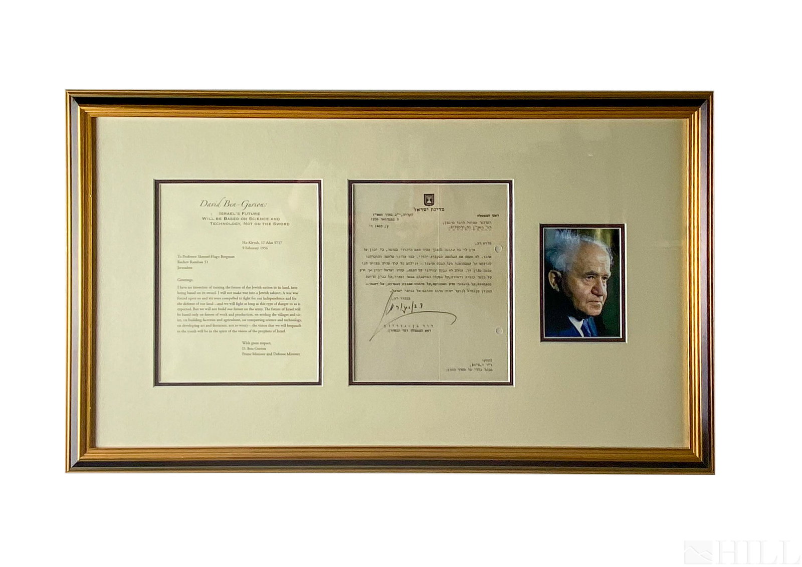 David Ben-Gurion Founding Israel PM Signed Letter: David Ben-Gurion (Polish Israeli 1886-1973. Rare letter signed by Israel's first prime minister. Includes photo and English translation of the letter. Measures 7 1/2 in. x 6 in. (letter), 14 3/8 in. x