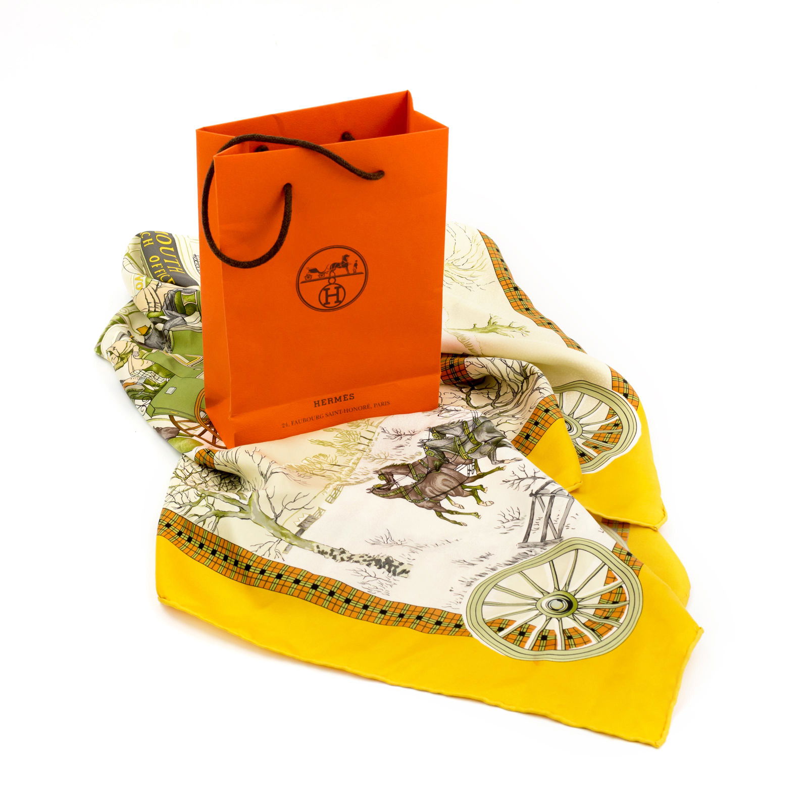 Vintage Hermes Ledoux Bull Coach Silk Scarf & Bag: Vintage mustard yellow silk Hermes scarf, signed Ledoux. Features stage coach, with center tag reading BULL & MOUTH WESTERN COACH OFFICE. MADE IN FRANCE 100% SILK. Includes orange Hermes Bag. Scarf 34