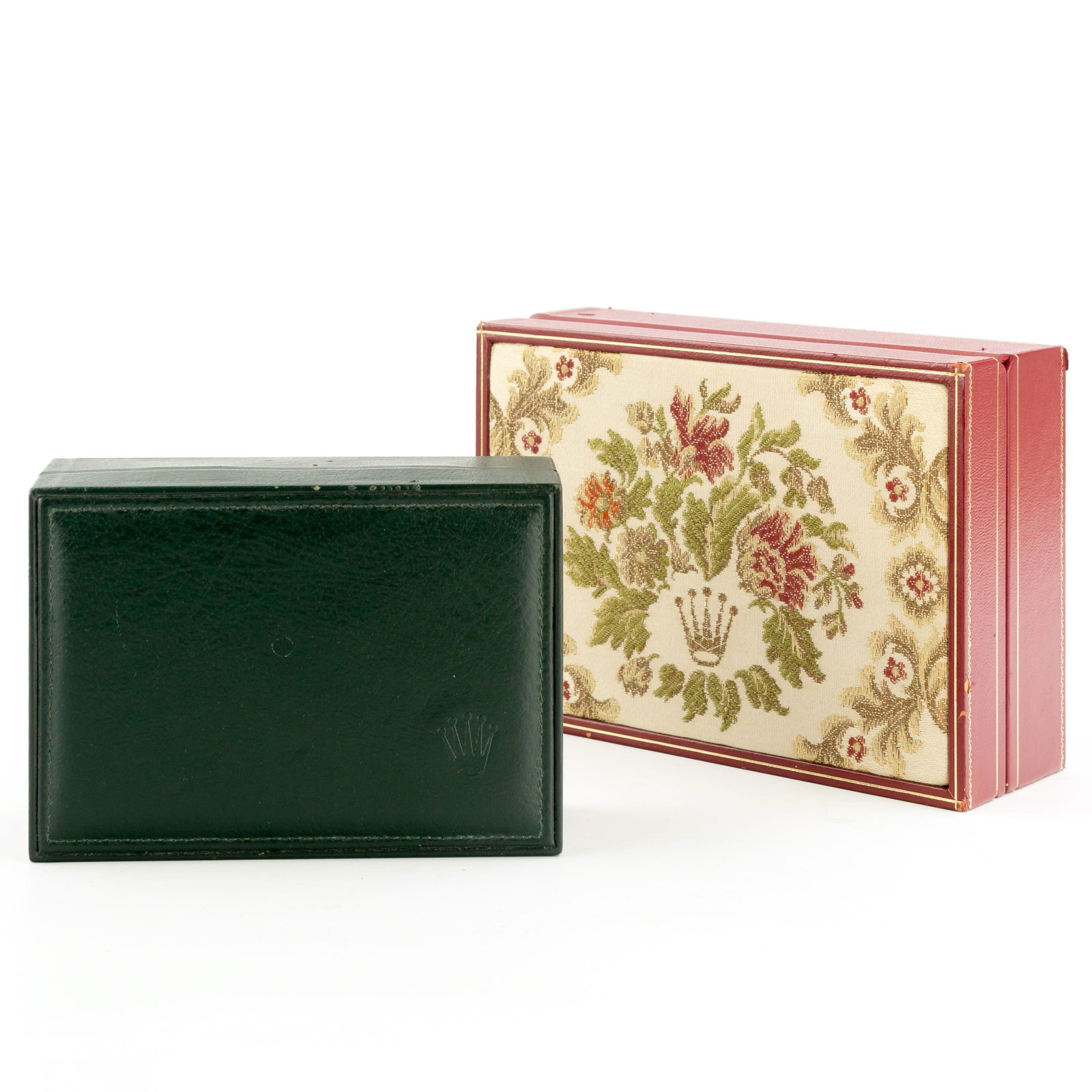 2 Genuine Vintage Rolex Geneve Wrist Watch Box LOT: Vintage lot of two Rolex wrist watch boxes. Green leather box Montres Rolex S.A. Geneve Switzerland 68.00.01. Red tapestry and leather box Montres Rolex S.A. Geneve Suisse 60.01.2. Green box measures