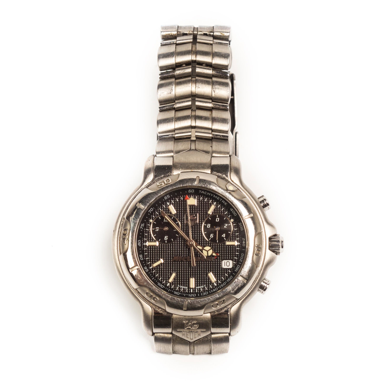 Tag Heuer Limited Ed. McLaren Chronograph Watch: Limited edition quartz watch by Tag Heuer. Features the McLaren model with black dial and date window as well as chronograph function. Case measures 42mm wide. Good condition but will need battery and
