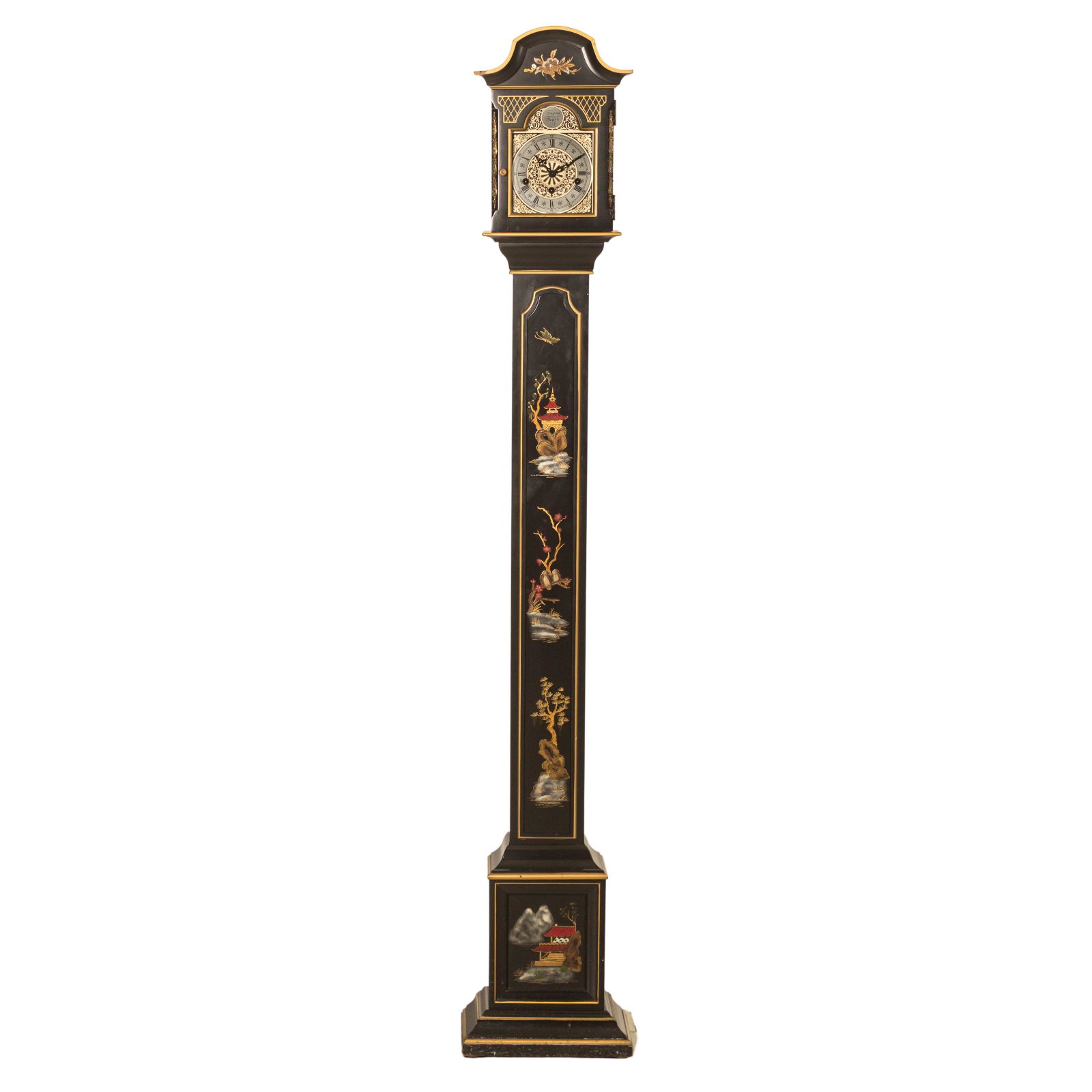 Trend Sligh Hall Chime Longcase Grandmother Clock: A striking American interior decor Tempus Fugit case clock, manufactured c. 1970. The body has a smooth, lacquered black finish with hand decorated Asian motifs, including prunus and other flora, pago