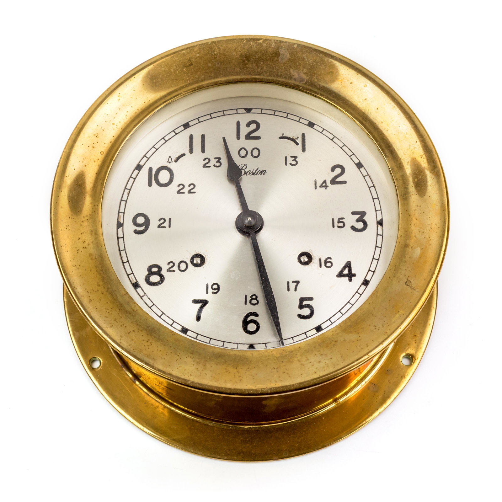 Chelsea Boston 7.25" Brass Ships Bell Wall Clock: A piece of nautical hardware and history, this vintage maritime ship's bell chime timepiece by Chelsea Clock Co. of Boston has a silvered Arabic numeral face in military and standard times, with hinge