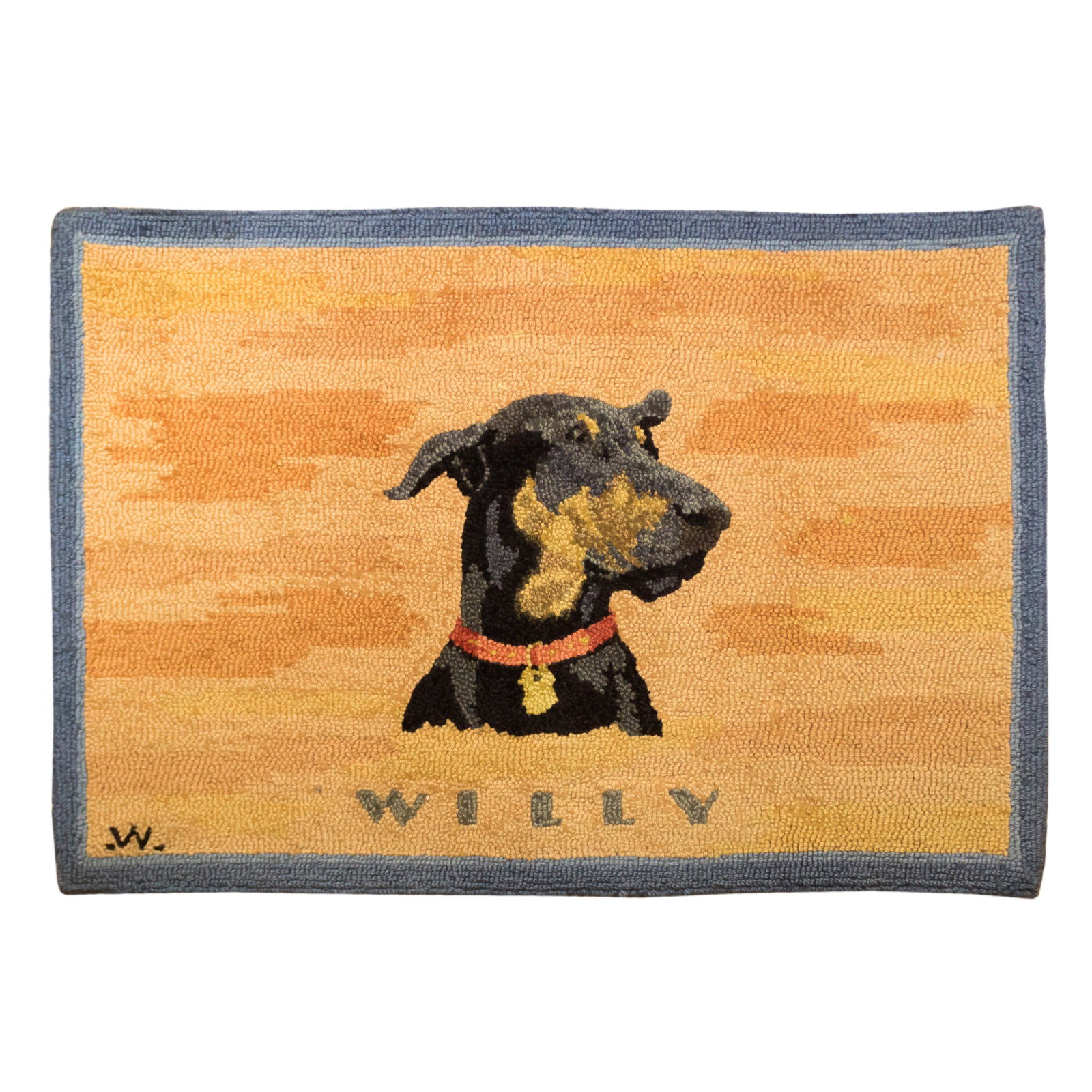 George Wells 1976 Hook Rug Doberman Pinscher Dog: Artist signed George Wells American hook rug. Features a Doberman pinscher named Willy on a rust tone ground. Colors are still vibrant. Measures 39" x 26 1/2". Good overall condition with minor wear. 