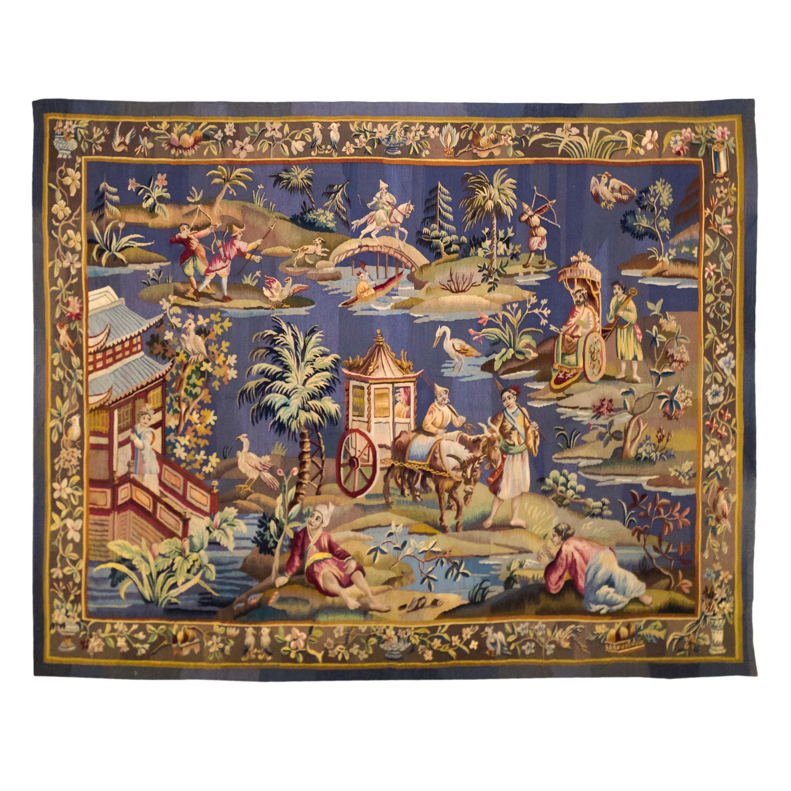 Quality Asian Theme Textile Figural Wall Tapestry: Stunning vintage decorative wall hanging tapestry. Asia style romantic figural theme depicts archers with bow and arrow, romantic men and woman courting and rich landscapes with trees, house structure