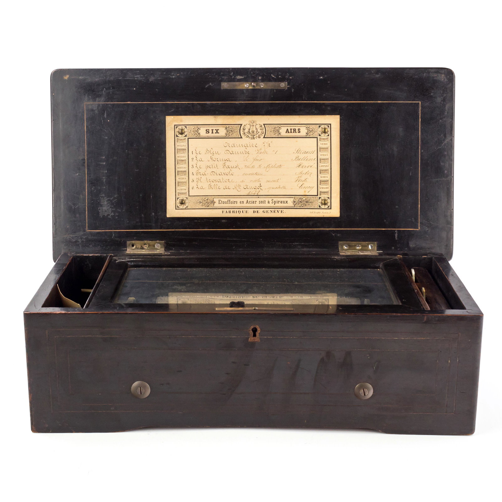 19C Etouffoirs En Acier Swiss Cylinder Music Box: Antique Victorian 19th century Swiss manufactured Etouffoirs En Acier Soit A Spiraux cylinder music box, which plays six airs, or tunes, including The Blue Danube by Strauss, and The Petit Faust, afte