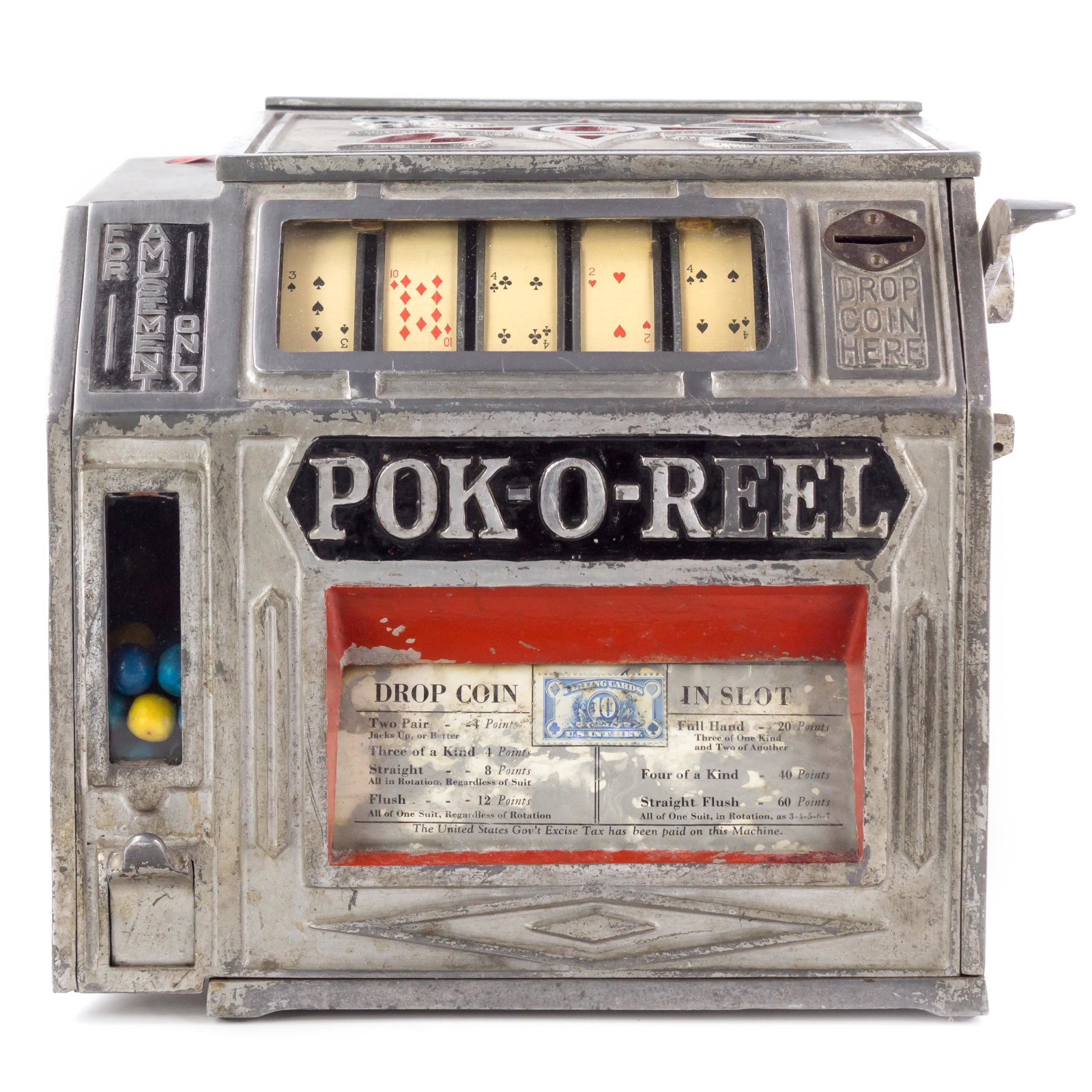 Groetchen Pok-O-Reel Casino Poker Trade Simulator: An original Art Deco Era coin operated slot poker machine, manufactured c. 1930 for candy store display. Manufacturers instruction card in front, with vintage candy included. (CANDY NOT RECOMMENDED FO