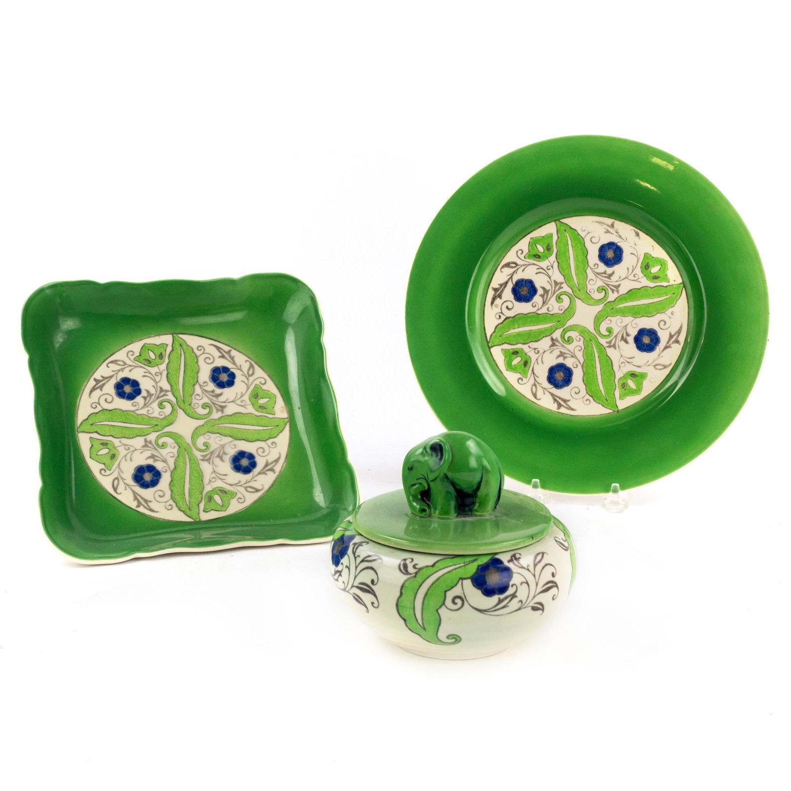 Royal Doulton Viridian Elephant Bowl & Plate Group: Group of three rare Art Deco Royal Doulton Viridian series ware including a Chinese Jade lidded bowl with elephant finial, large round charger plate and deep, square sided bonboniere tray or serving d