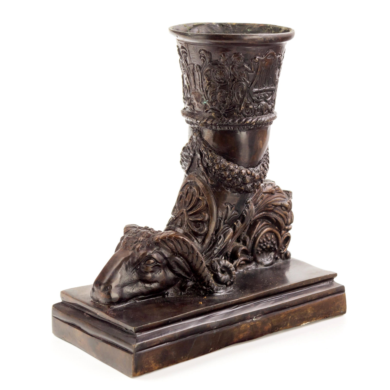 Bronze Maitland Smith Ram Head Cornucopia Vase: Vintage cornucopia vase featuring detailed design of ram's head, floral motif and musical harp with putti. Underside retains "Designed and Hand Made By Maitland Smith" gold label. Measures 9 1/2 in. x