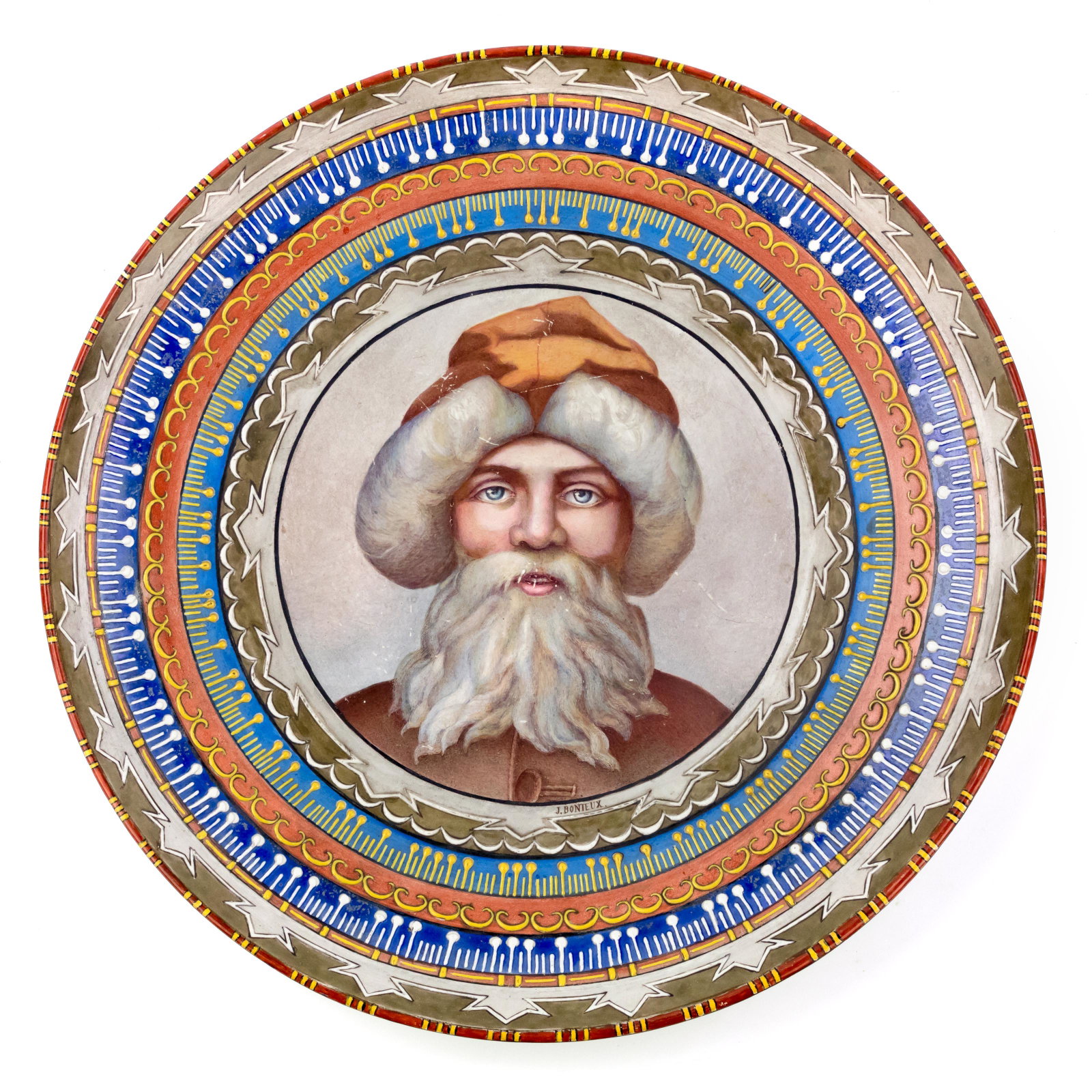 Antique Porcelain Artist Signed Portrait Charger: Antique hand painted porcelain portrait plate of a bearded man wearing a fur hood. Exquisite details and colorful design with raised enamel accents. Artist signature lower right of portrait J. BONTEUX