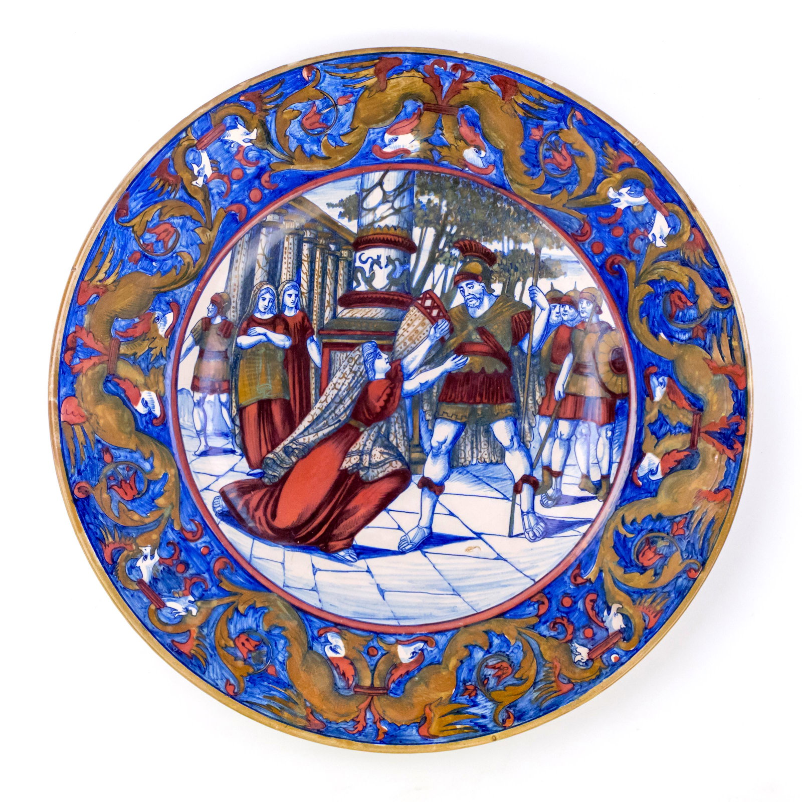 Italian Faience Majolica Charger Manner of Rubboli: Victorian luster glaze faience majolica portrait plate depicting a Neoclassical Greco Roman scene, possibly based on the Rape of Lucretia, in the manner of Paolo Rubboli (Italian, 1838-1890). Striking