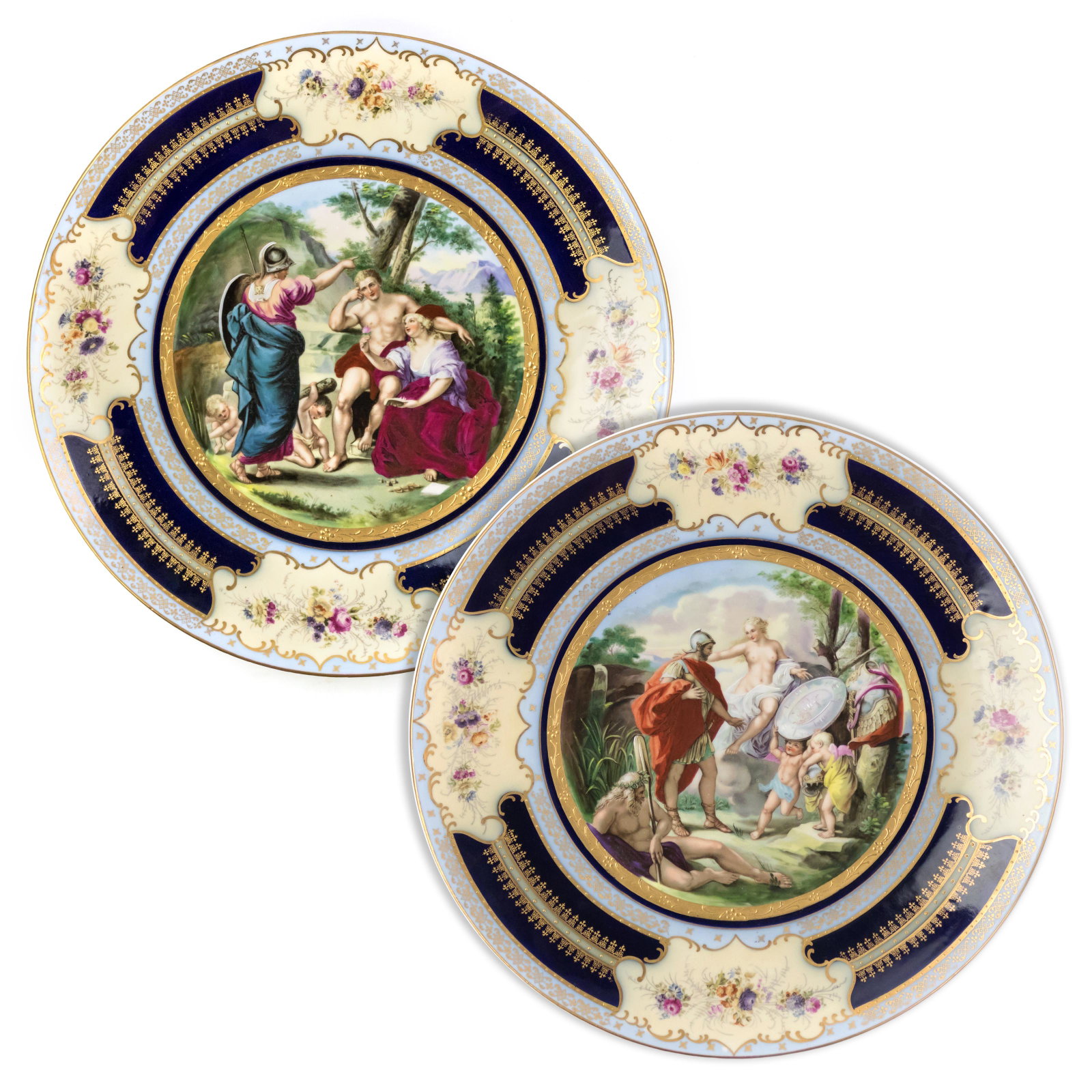 Pair Royal Vienna Fine Porcelain Portrait Chargers: Victorian Royal Vienna transferware portrait chargers featuring Romantic Neoclassical Greco Roman figural landscape scenes of men, woman, angels, and putti cherubs. Floral rim framed in colors of roya