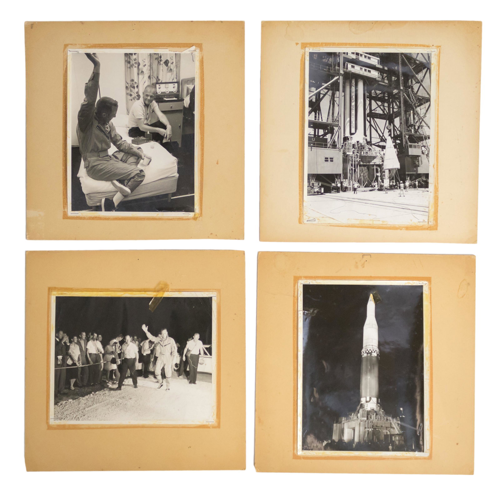 4 NASA Aurora 7 Gemini American Astronaut Photos: A group of four original black and white publicity still photographs depicting the Mercury Atlas 7 mission that launched May 24, 1962, and Right Stuff Era astronauts John Glenn (1921–2016), the firs