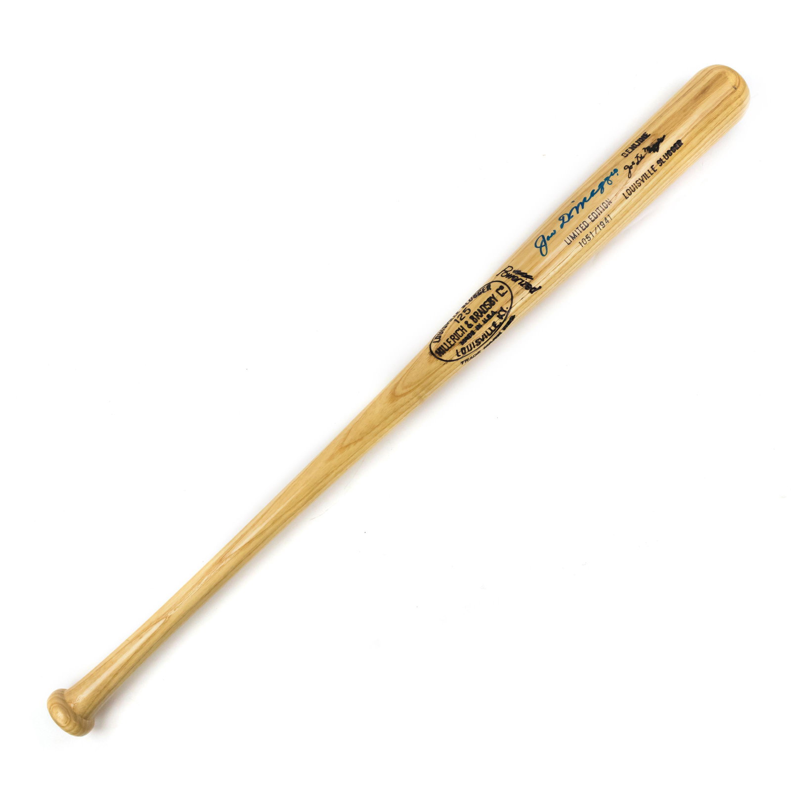 Joe DiMaggio SIGNED New York Yankees MLB Ball Bat: A Genuine Hillerich & Bradsby Louisville Slugger baseball bat signed by Joe DiMaggio (1914–1999), nicknamed "Joltin' Joe" and "The Yankee Clipper," American Baseball Hall of Fame center fielder for 