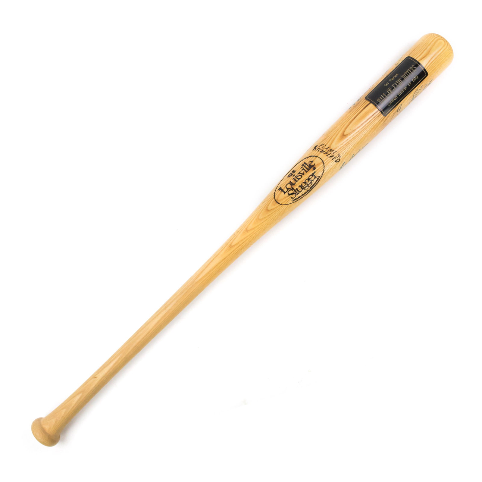 MLB Hall of Fame Willie Mays SIGNED Baseball Bat: A Limited Edition signed Louisville Slugger baseball bat with signatures of 10 members of the National Baseball Hall of Fame. The affixed name plate reads 1ST SERIES HALL OF FAME HITTERS LIMITED EDITI