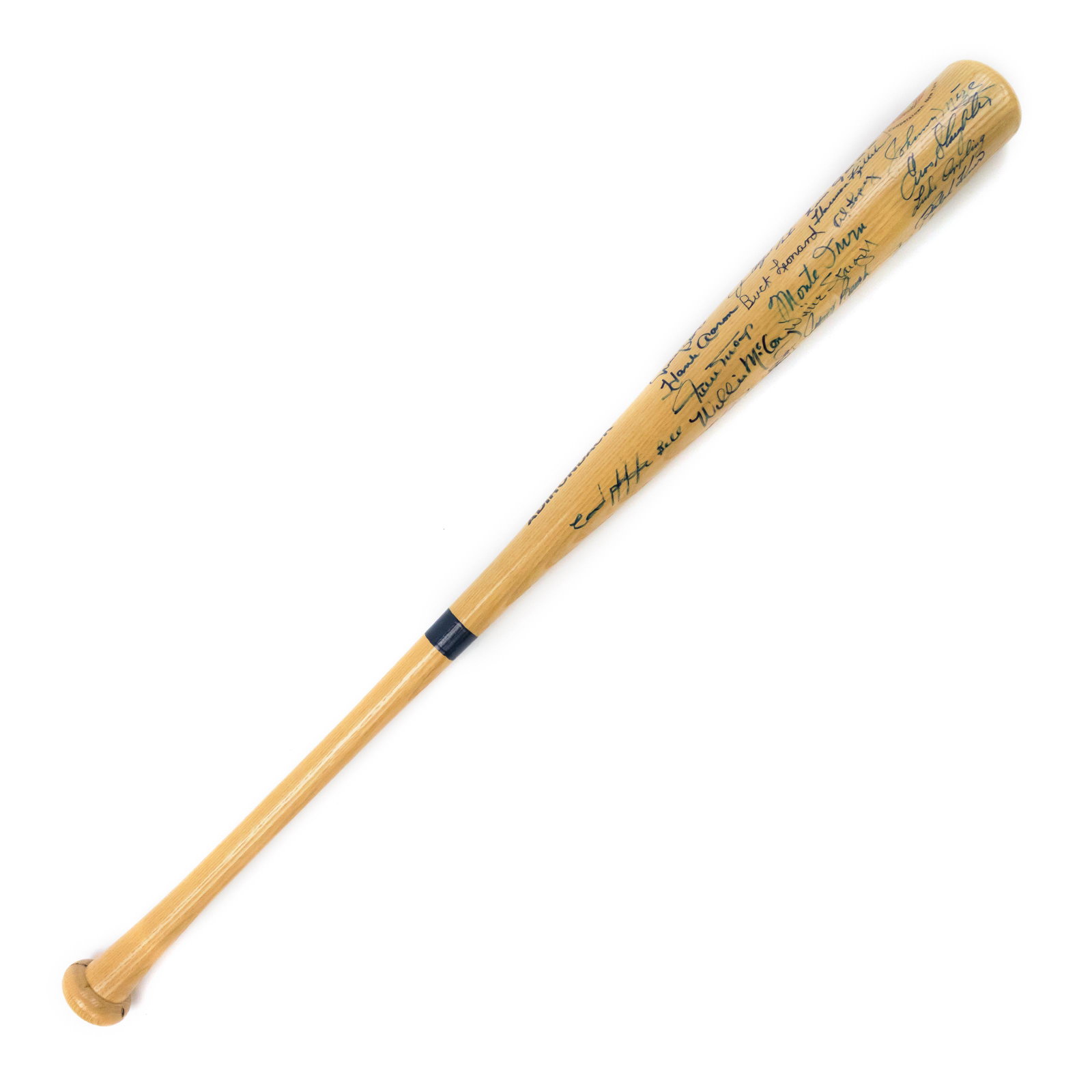 Legends of Major League Baseball SIGNED MLB Bat: Rawlings Adirondack baseball bat bearing signatures of 34 legendary American Major League Baseball names including Ted Williams, Hank Aaron, Reggie Jackson, Ernie Banks, Pete Rose, Duke Snider, Johnny